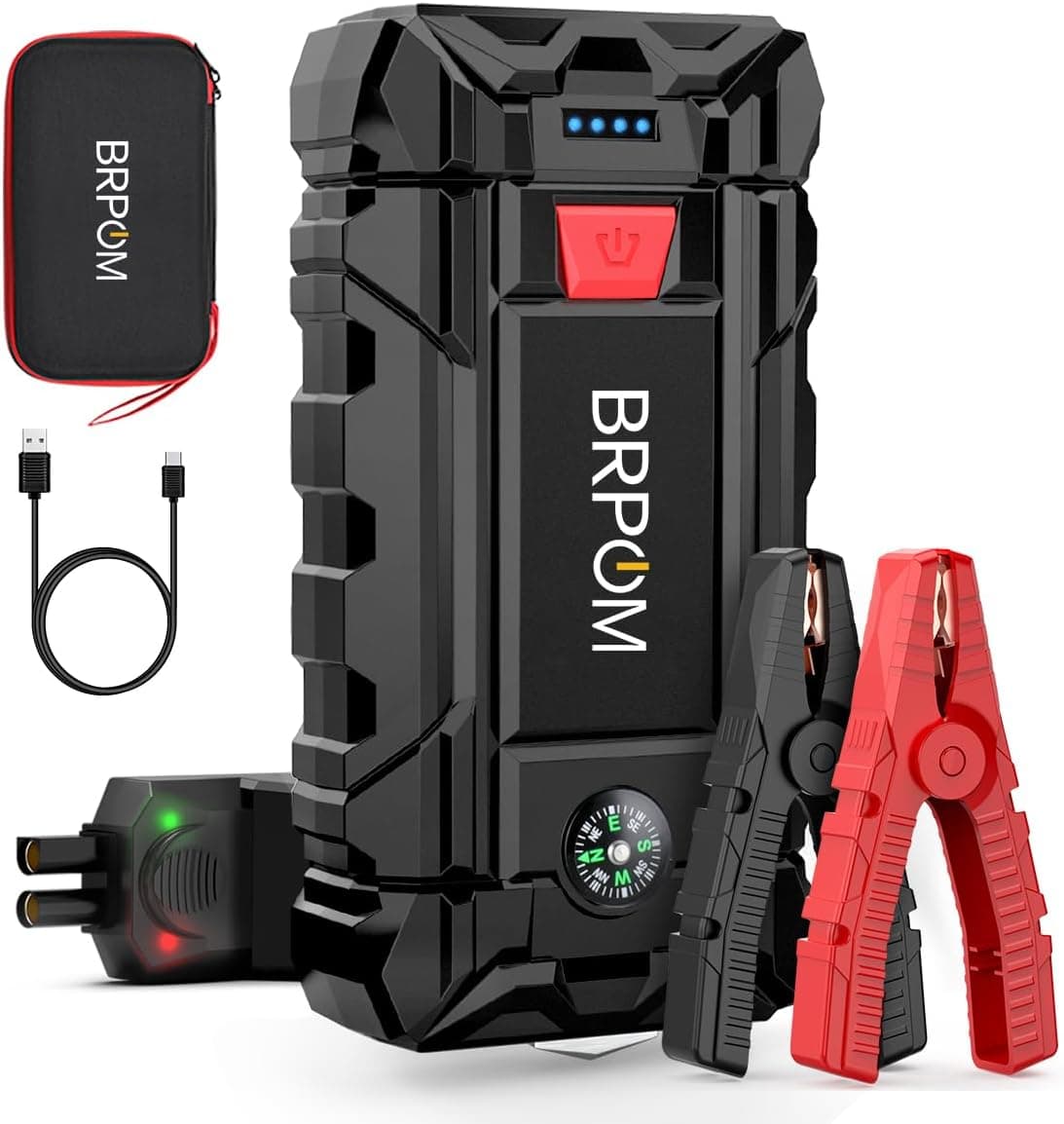BRPOM Arrancador de Coches, 9000A Arrancador de Baterias de Coche 12V(para 8.0L de Gasolina o 6.5L de Diésel), Jump Starter Portátil, Carga Rápida QC3.0, Espera Larga