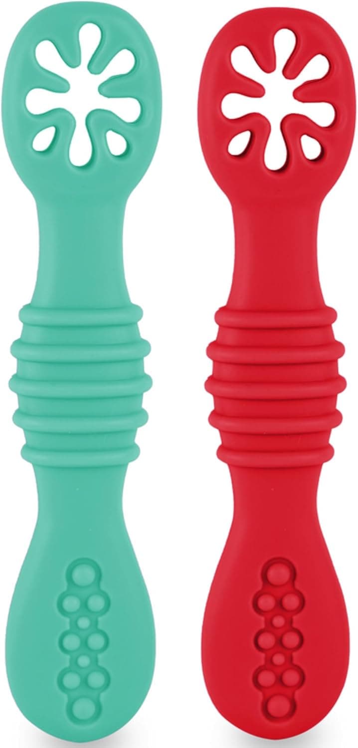 HOMYBABY® PreCucharas y Cucharas Bebe Silicona + EBOOK GRATIS Recetas BLW - Cuchara BLW Aprendizaje en etapas - Cubiertos Recomendados por Nutricionistas - Pre Cuchara Antibacteriana y Ergonómica (D)