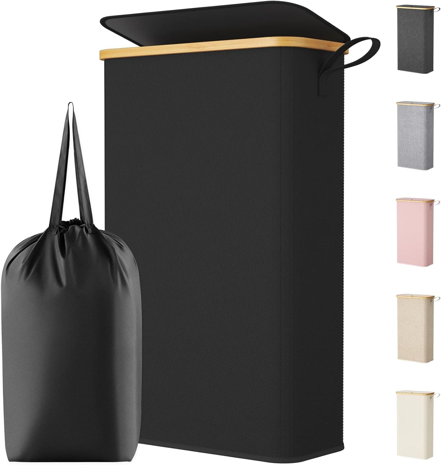 Lifewit Cesto Ropa Sucia Estrecho con Tapa, Cesto de Ropa Plegable con Bolsa Extraíble y Asa, Cesta Ropa Sucia de Bambú, Cubo de Ropa para Dormitorio, Baño, Lavandería, Dormitorio, 70 L, Negro