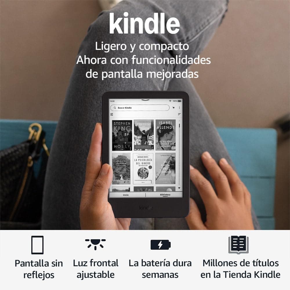 Amazon Kindle (última generación) | el Kindle más ligero y compacto, con pantalla sin reflejos, pasos de página más fluidos y luz frontal ajustable | 16 GB | Sin publicidad | Negro