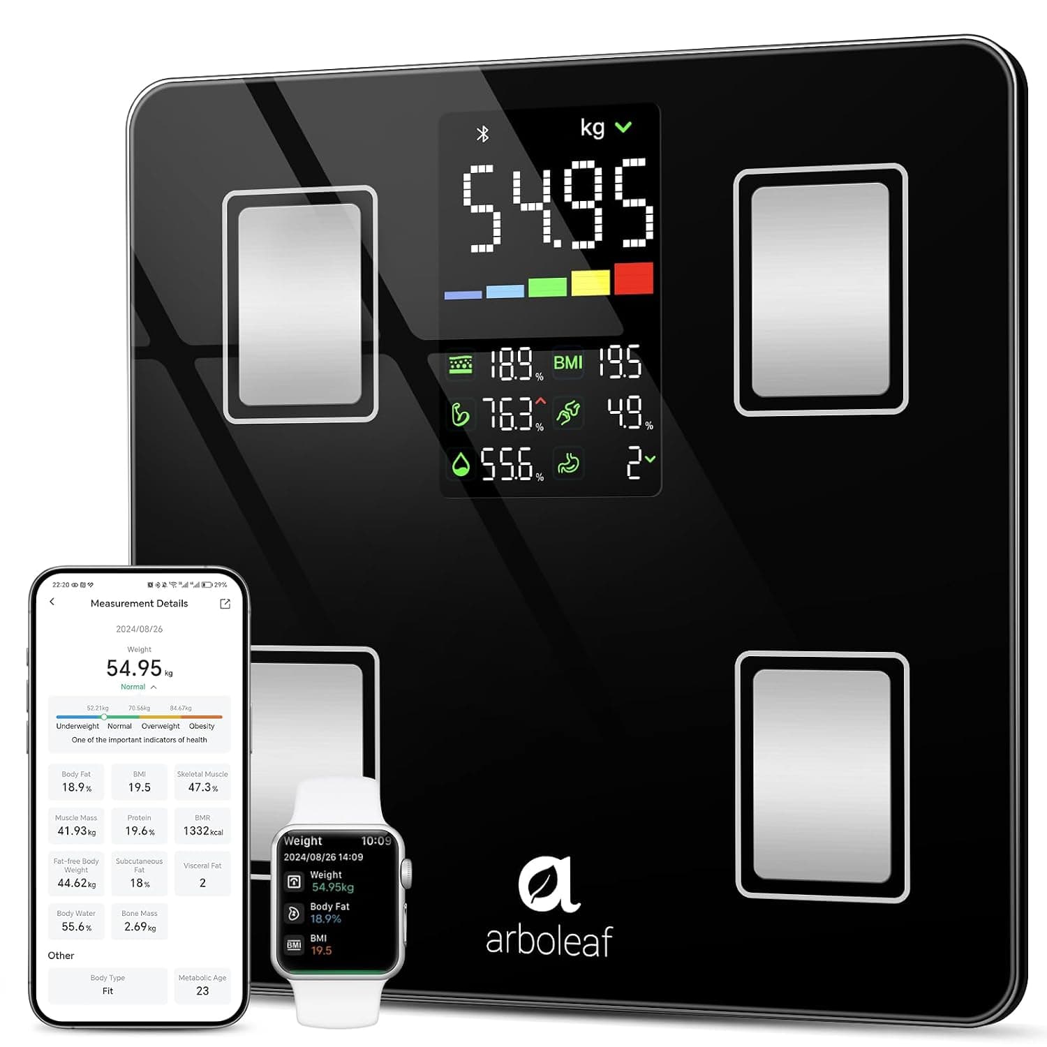 arboleaf Báscula Peso Corporal, Bascula de Baño Inteligente con APP, 180kg
