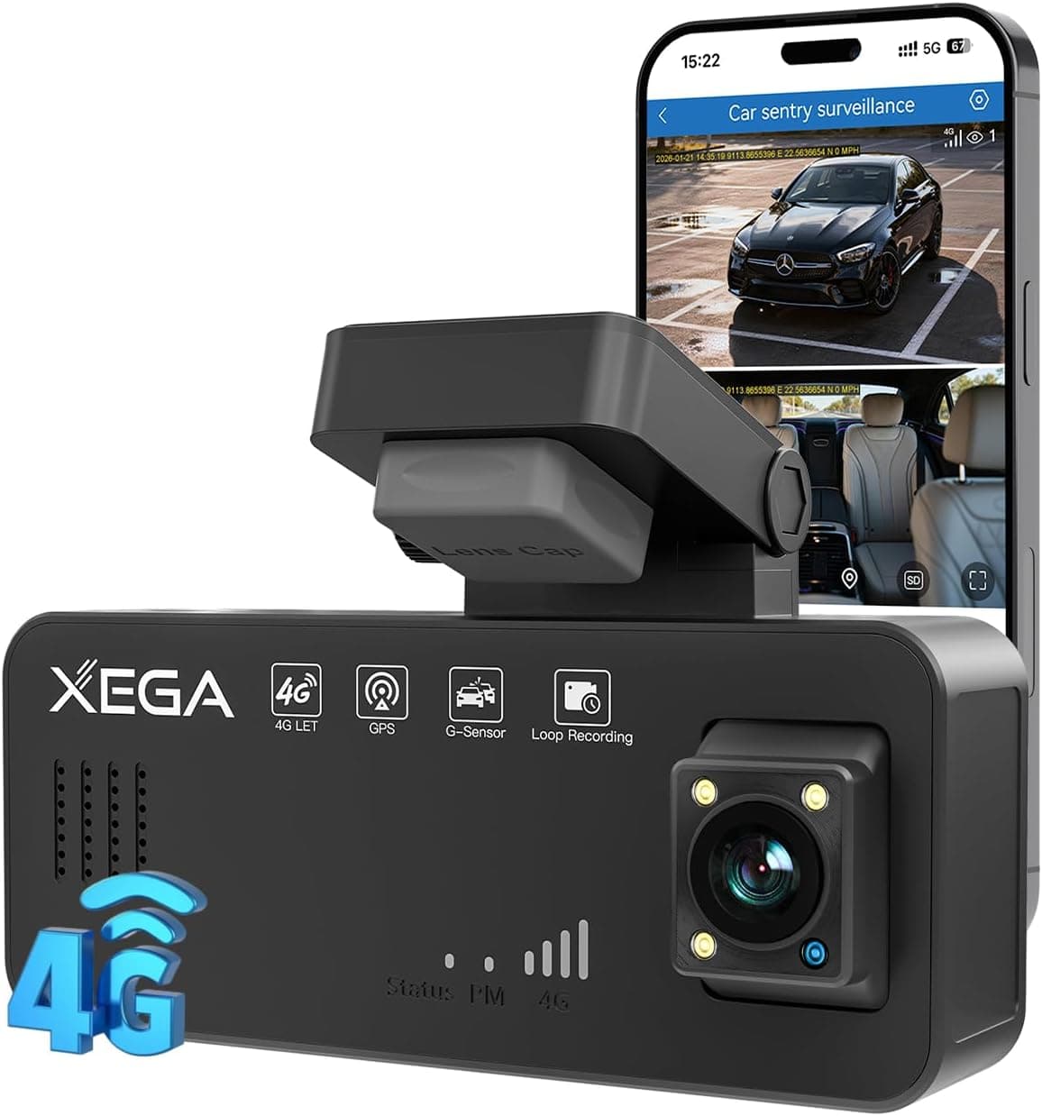 XEGA 2K 4G Dash CAM Coche con Tarjeta SIM Reemplazables, Alimentado por OBD