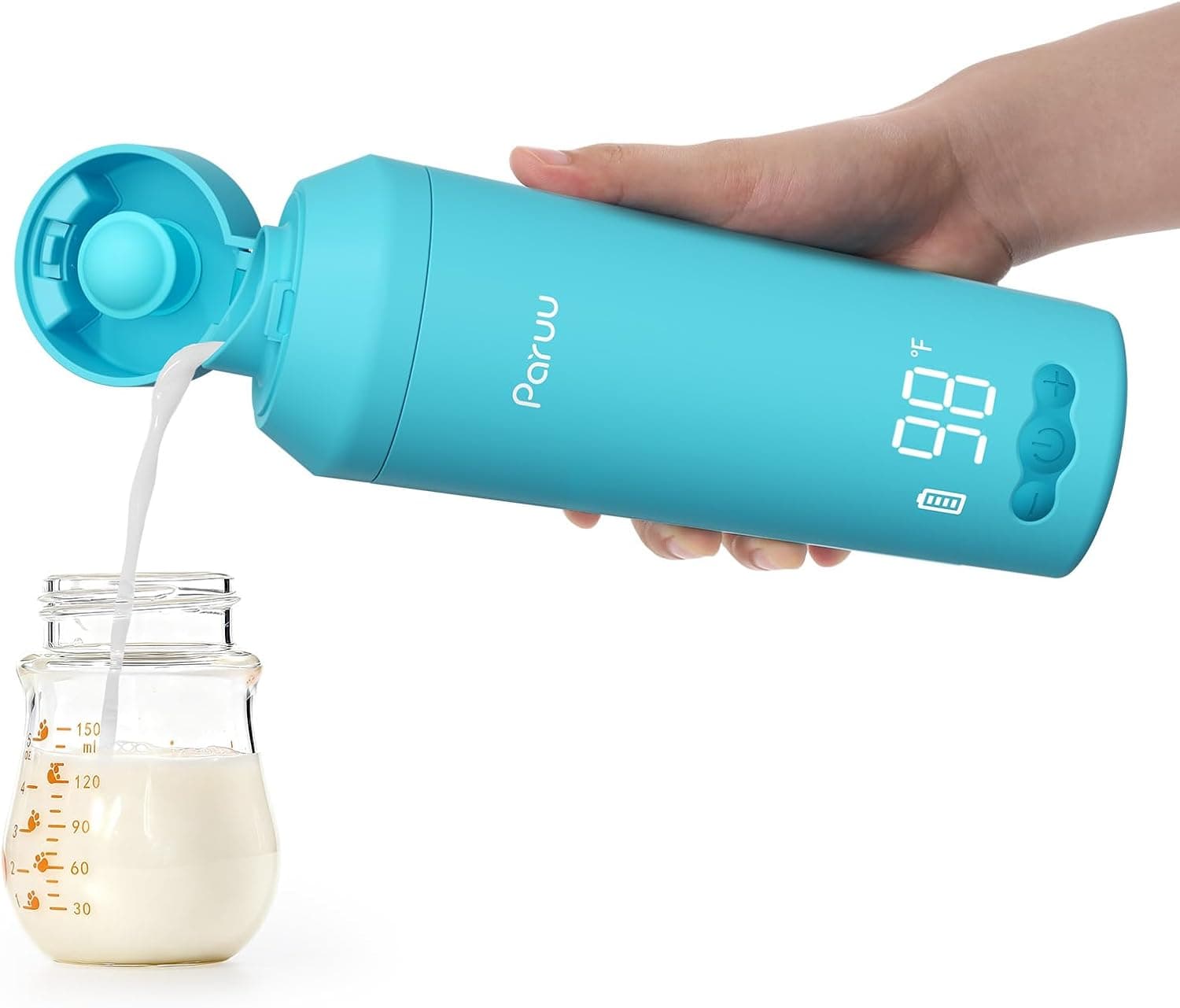 Paruu Calentador de biberones portátil para bebés, fácil de limpiar, apertura ancha, calentamiento rápido en 2 minutos, control de temperatura de 7 niveles, carga rápida de 30 W, capacidad de 350 ml
