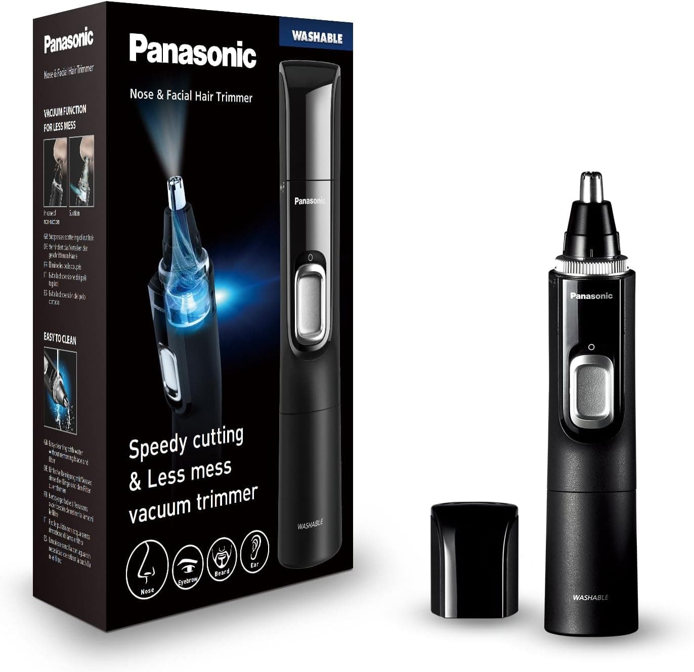 Panasonic ER-GN300-K503 Trimmer de Vello De Nariz para Hombres, Afeitadora Eléctrica Premium, Trimmer para Vellos de la Nariz, Orejas y Cejas, Resistente Al Agua, Funciona con Batería, Negro