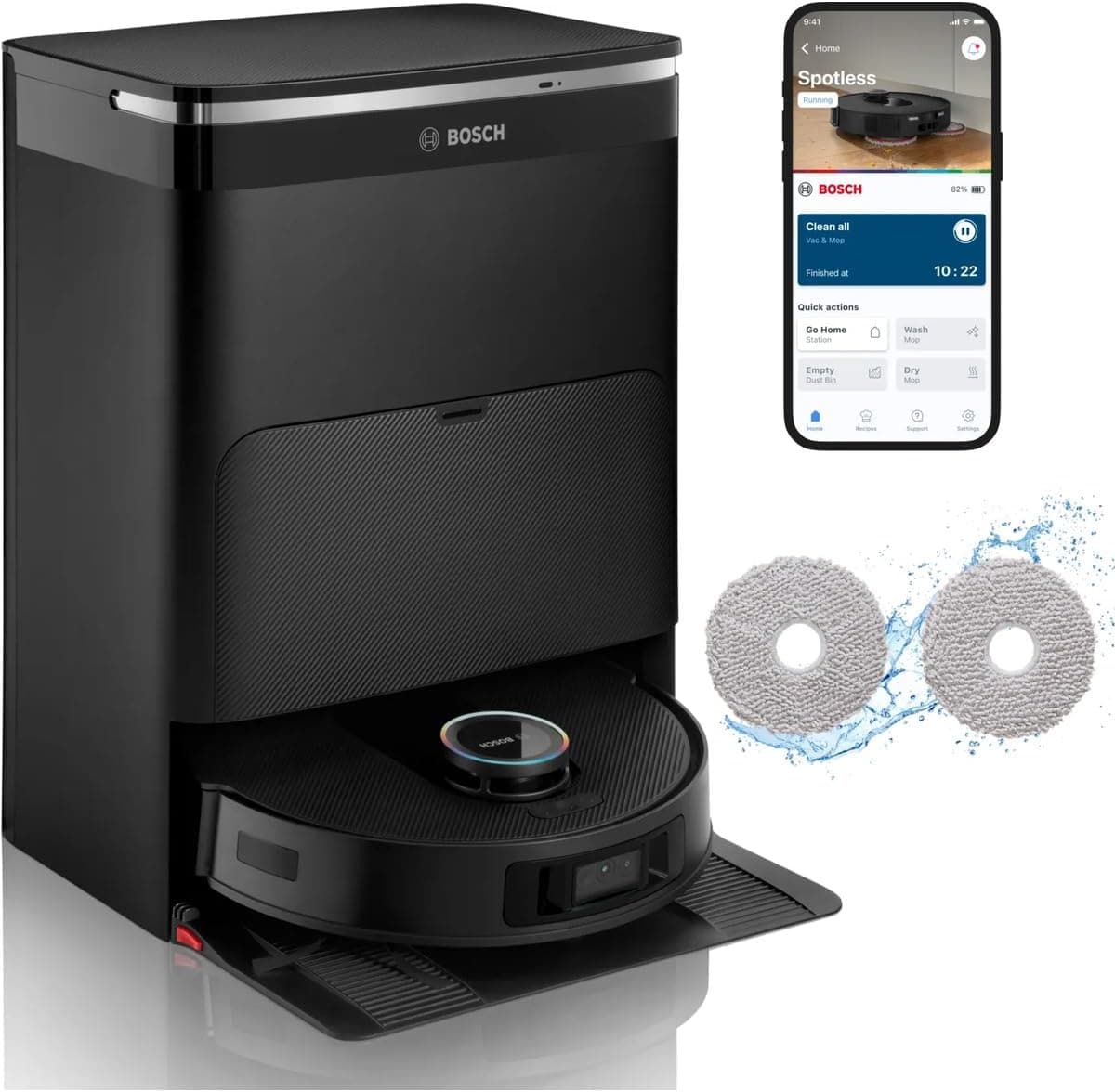 Bosch - Robot Spotless MAX CAM, aspira y friega, Potencia 11.000 Pa, Almohadillas giratorias, estación Seca-húmeda, Visión Inteligente por luz estructurada, Cámara, Home Connect App, Negro, BCRDW3BX