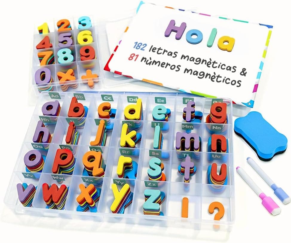 Letras y Números Magnéticos para Niños - Conjunto Completo: 182 Letras y 81 Números y Símbolos - Imanes Gruesos de Espuma para la Nevera - Incluye 2 Cajas, Pizarra Magnética, Rotuladores y Borrador