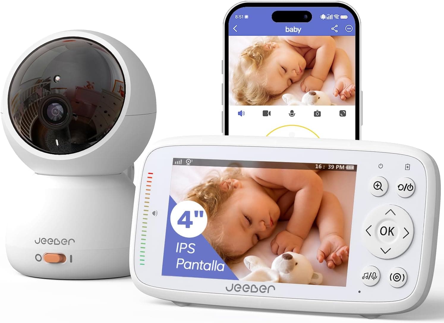 Camara Vigilancia Bebe con App Movil, 4" IPS Pantalla,