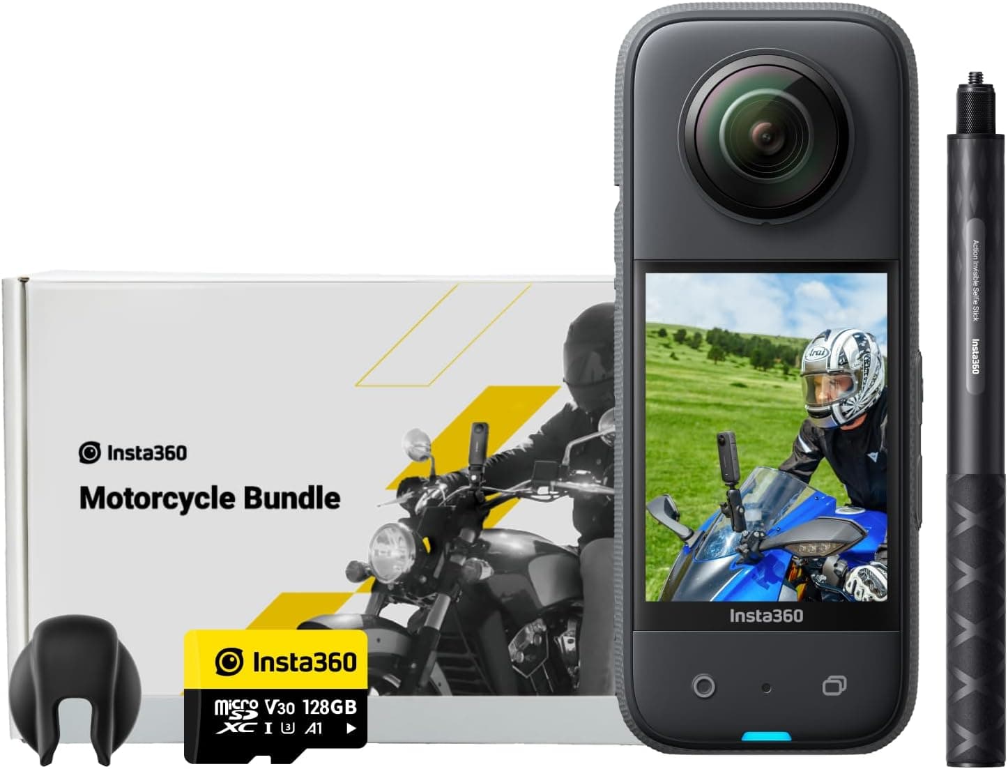 Insta360 X3 Kit Motero - Cámara de acción 360 Resistente al Agua, Sensor de 1/2", 5.7K 360, Fotos 72MP, estabilización, Pantalla táctil de 2.29", edición por IA, Live Streaming, Webcam