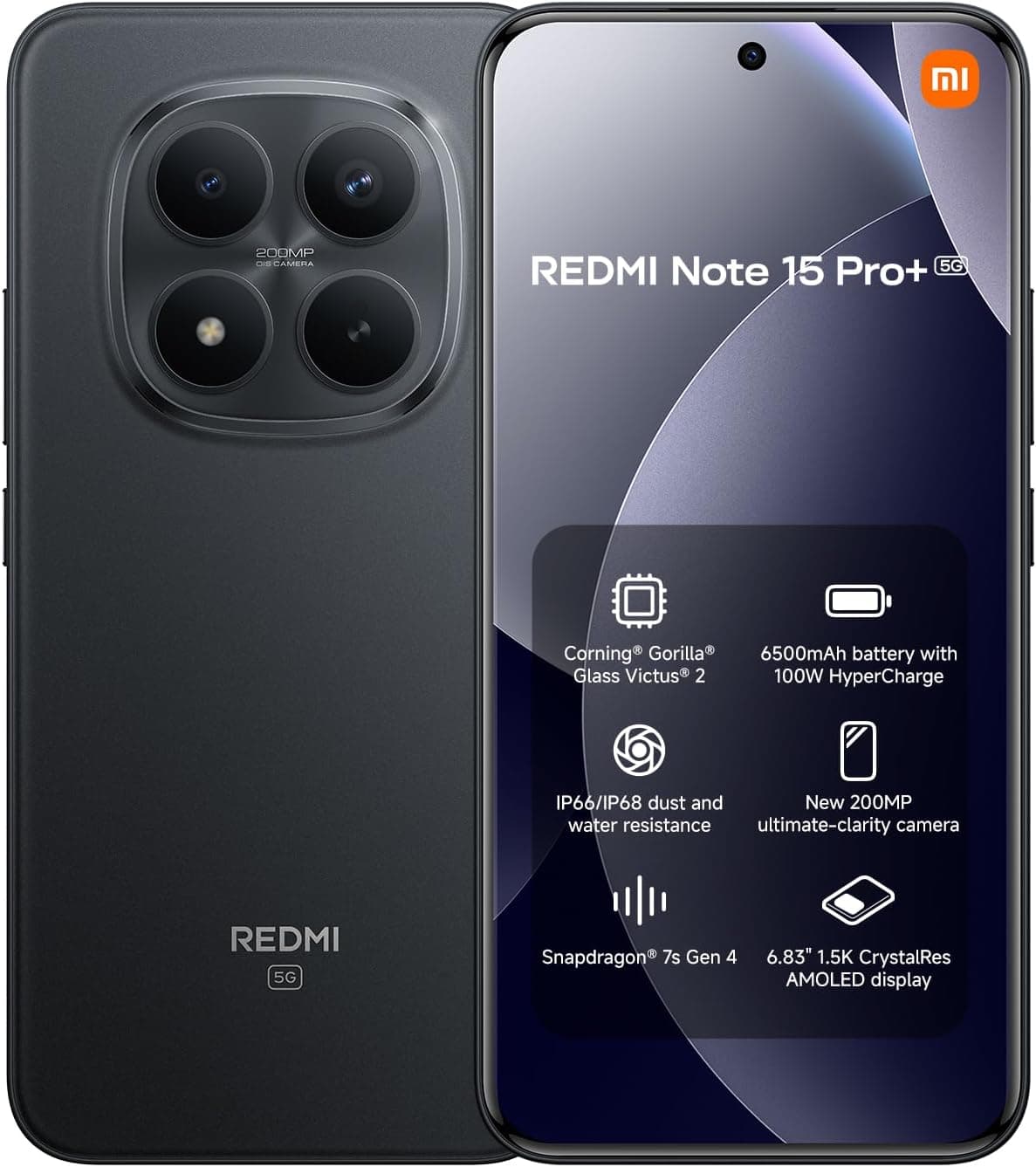 XIAOMI REDMI Note 15 Pro+ 5G - Smartphone de 12+512GB, Pantalla AMOLED 6,83" 1.5K AMOLED, Snapdragon 7s Gen 4, cámara de 200 MP, Hypercharge 100W, Cargador no Incluido, Negro (Versión ES)