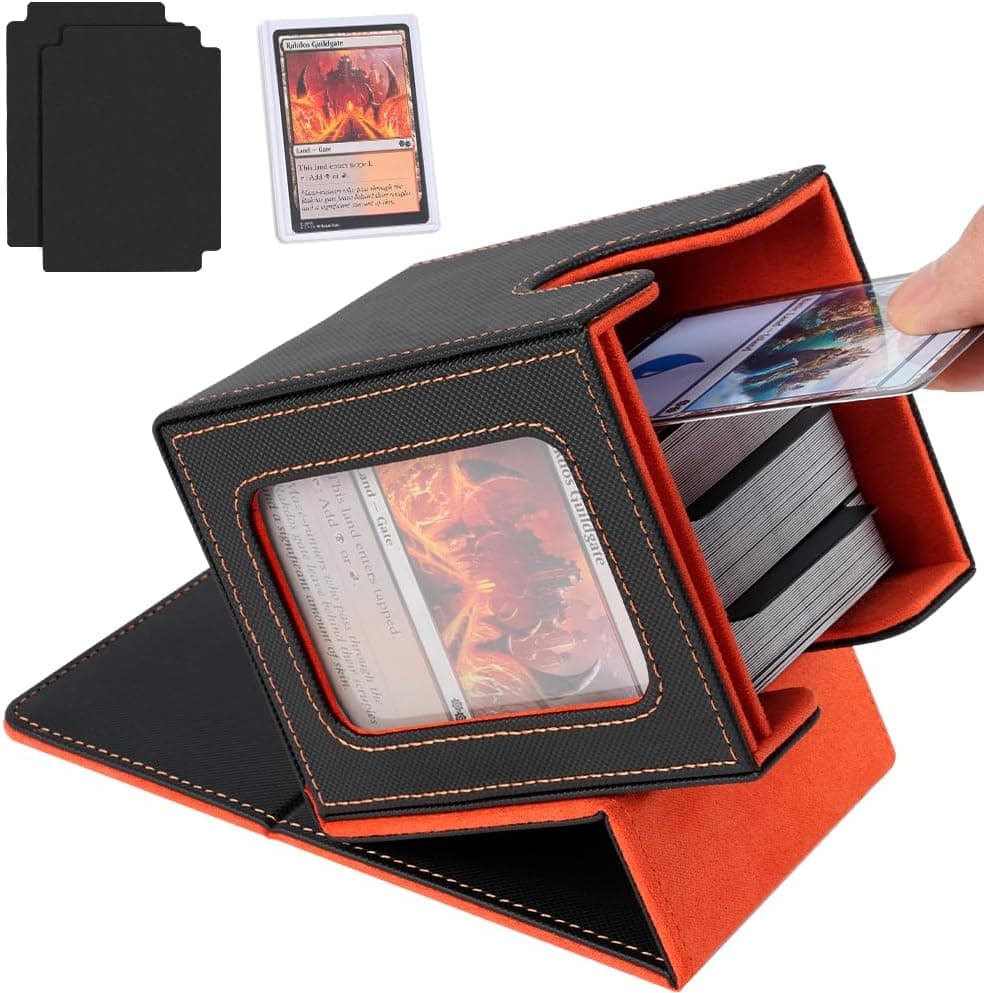 Aolso Commander Caja de Tarjetas, Capacidad para Más de 100 Cartas, Magnético Flip Caja de Almacenamiento de Tarjetacon 2 Separadores+ 1 Protector Rígido, para Tarjetas MTG PTCG TCG etc. Negro Naranja