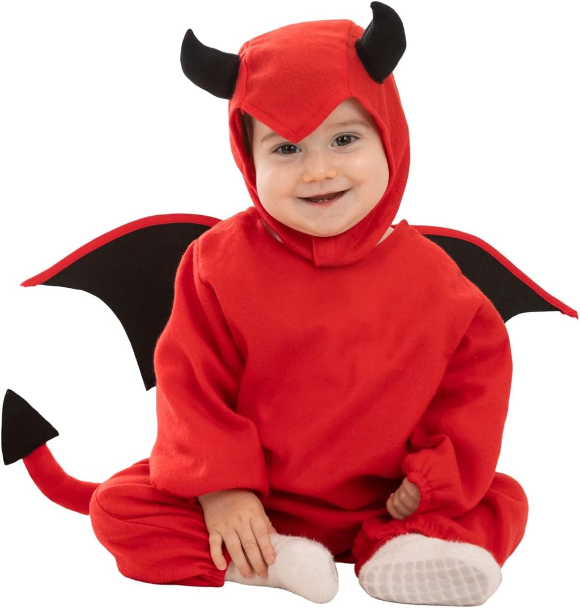 Funidelia Disfraz de Diablo para Bebé con mono, capucha, alas y cola, Traje de Demonio, Disfraces de Halloween y Carnaval – Talla 12-24 meses