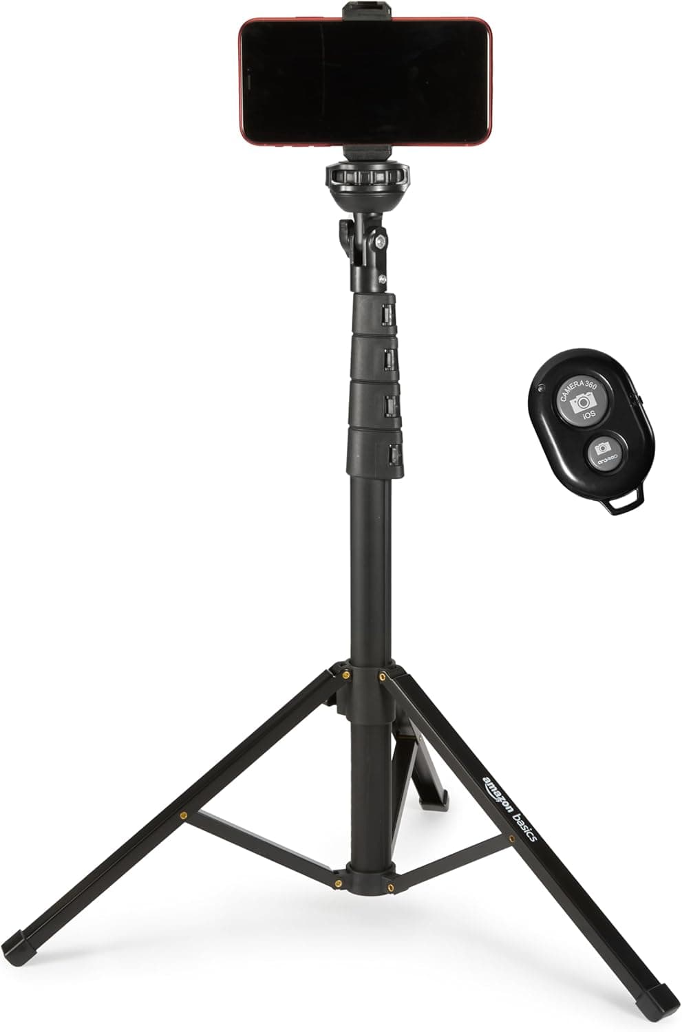 Amazon Basics Trípode y Paloselfi Extensible para Teléfono de 162cm/64in, con Mando a Distancia Inalámbrico, Negro
