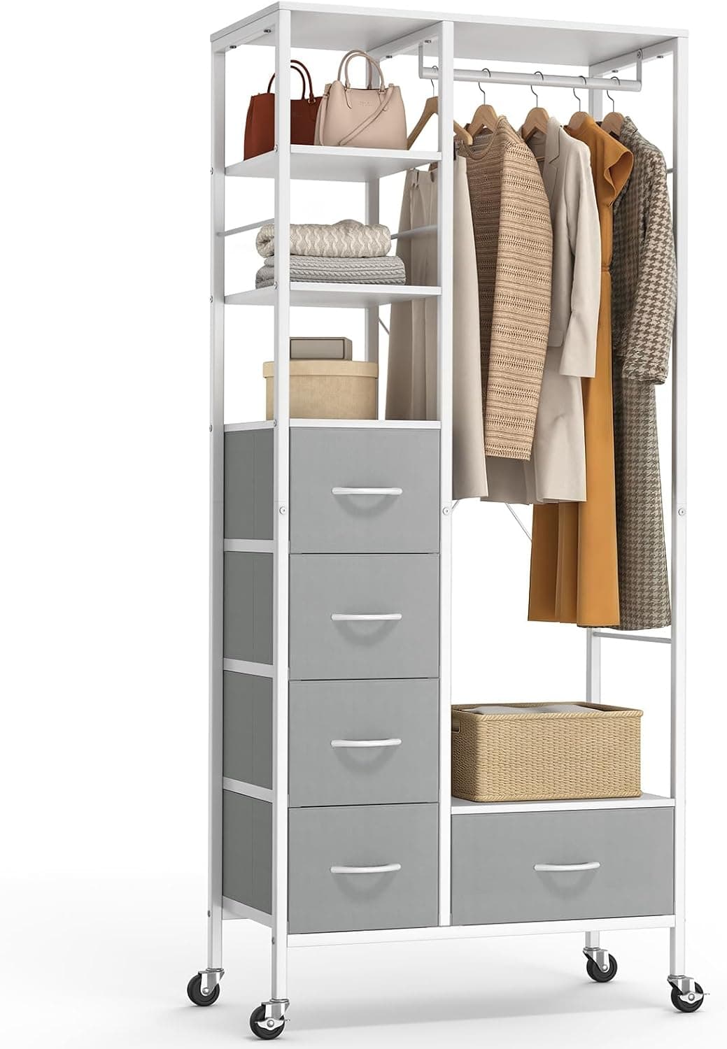 HOKEEPER Perchero independiente con 5 cajones de tela y 4 tablas de almacenamiento, color gris