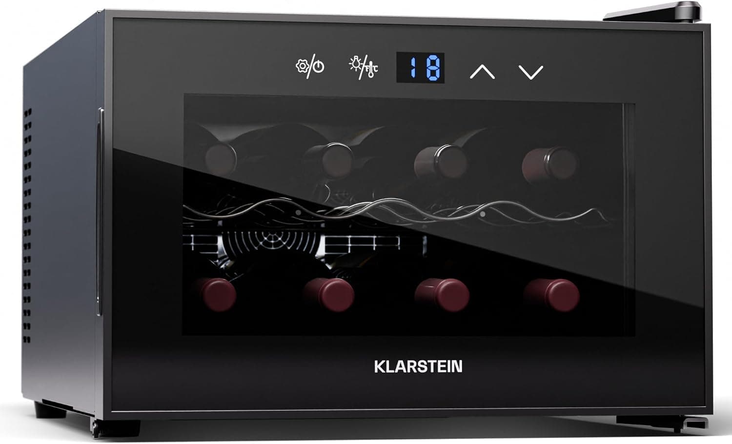 KLARSTEIN Shiraz Vinoteca Negro – 8 Botellas, 1 Zona | Nevera para Vinos de Libre Instalación, Puerta de Cristal, Silenciosa, 5–18 °C, LED, Marco Inox