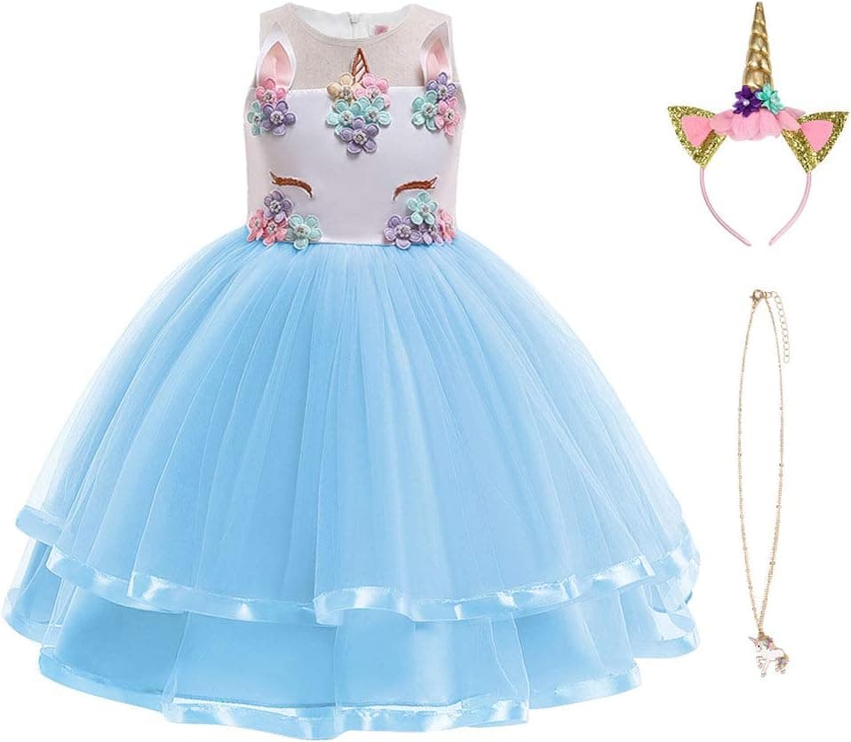 URAQT Disfraz Unicornio Niña, 3pcs Vestido Princesa Con Diadema y Collar