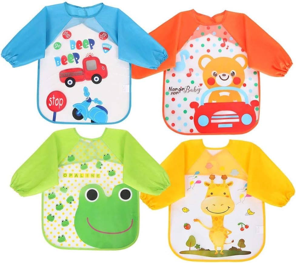 Vicloon Baberos del Bebé Impermeable,4pcs Delantal Ropa Babero Impermeable Infantil para Pintar con Mangas Largas de Bebé Unisexo Niños Niñas 6 Meses a 3 años Edad (Coche,Rana,Jirafa,Oso)
