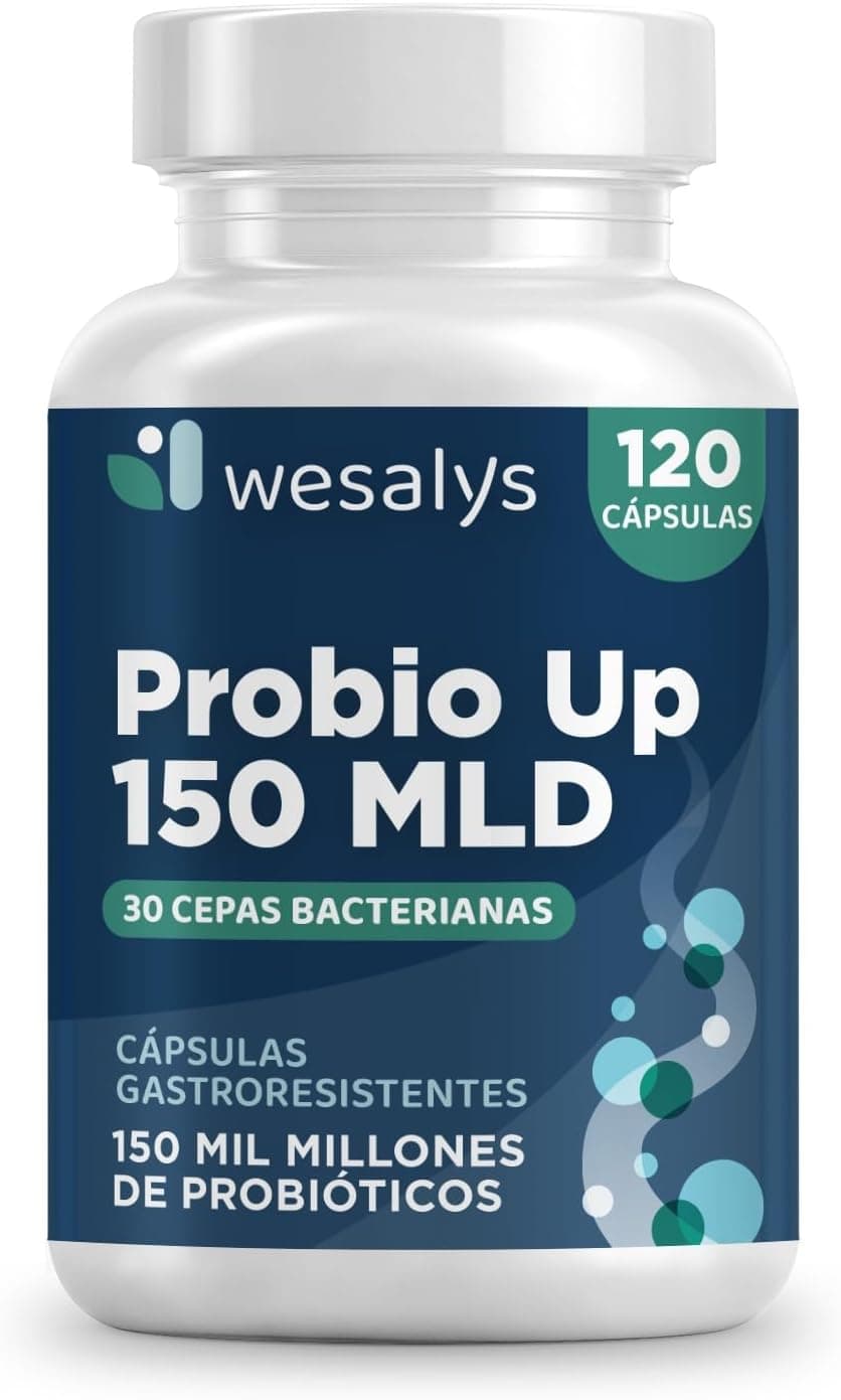 Probioticos y Prebioticos Intestinales 150 mil millones UFC y 30 Cepas. 120 cápsulas veganas gastroresistentes. Con Inulina, Hasta 4 meses de suministro. Probio Up Wesalys