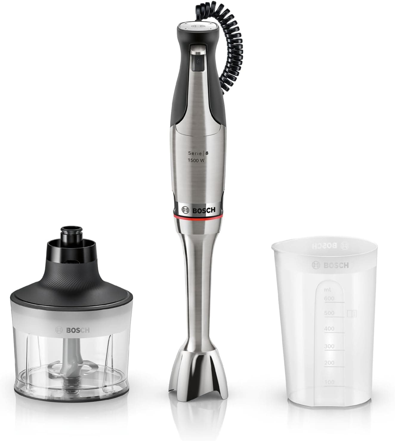 Bosch - Batidora de mano, serie ErgoMaster 8, motor de 1.500 vatios, ajuste intuitivo de la velocidad, cuchilla de 6 hojas, accesorios incluidos, acero inoxidable, MSM8M930