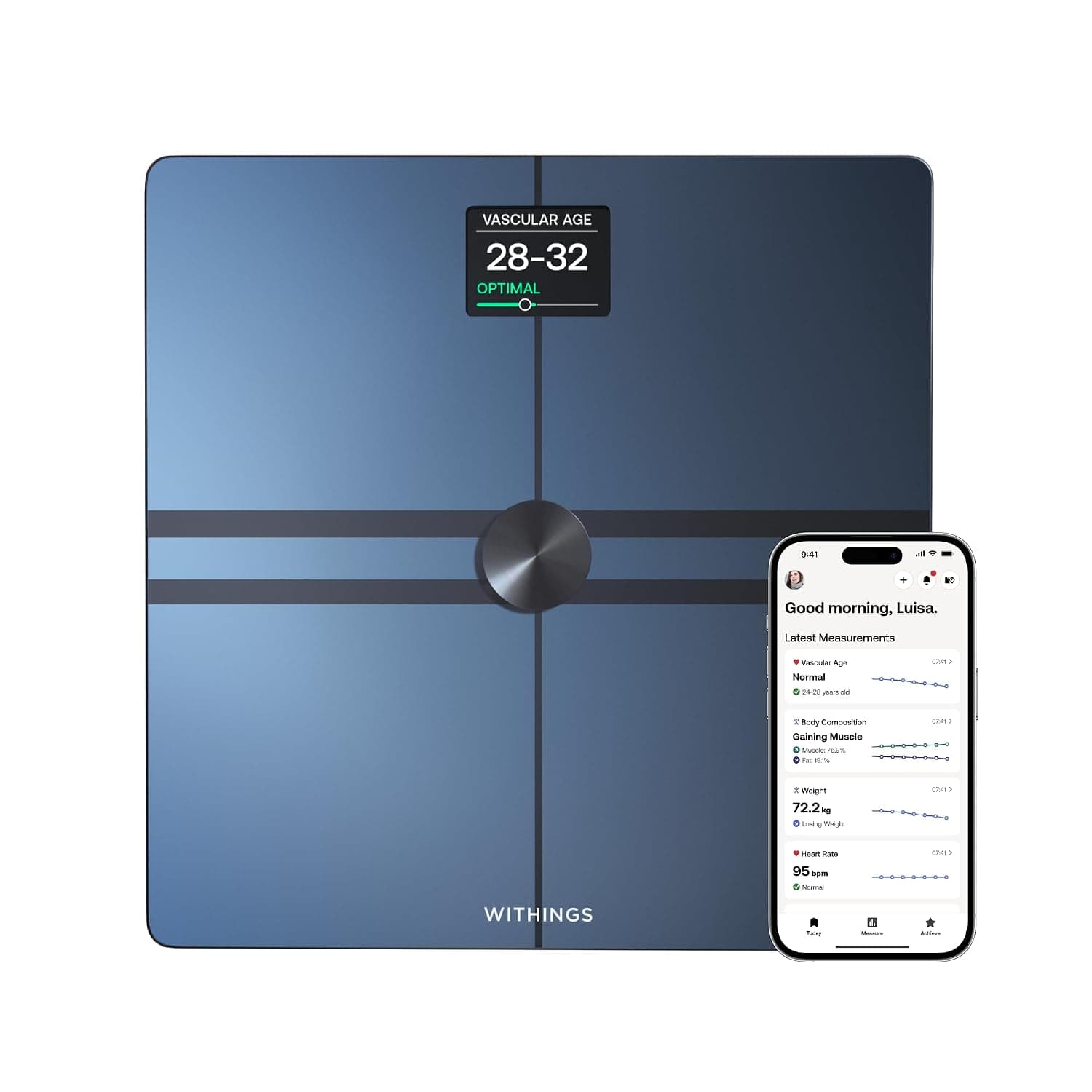 Withings Body Comp - Bascula de baño WiFi con análisis corporal completo (peso, grasa corporal/grasa muscular, agua) y seguimiento cardiovascular, Báscula personal, hasta 8 usuarios