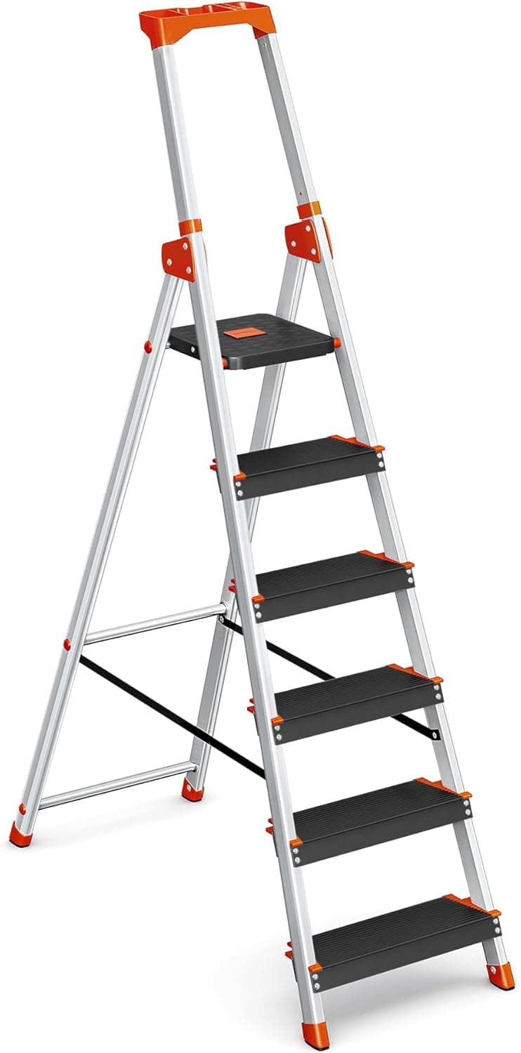 SONGMICS Escalera Plegable de Aluminio, 6 Peldaños, Carga 150 kg