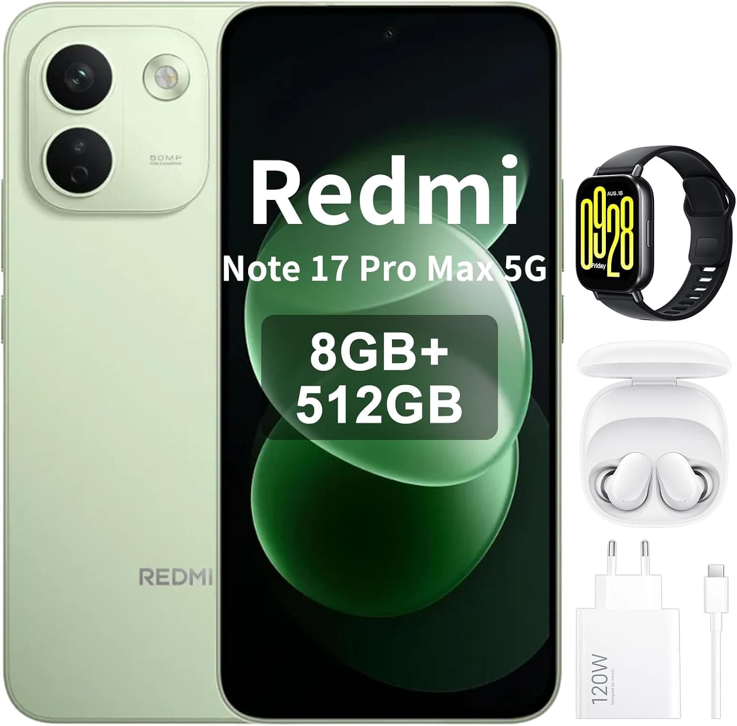 XIAOMI Redmi Note 17 Pro Max 5G, Smartphone 8+512 GB, Batería de 9210 mAh, IP66/IP68, Nueva cámara de 50 MP, Pantalla AMOLED de 1,5K de 6,83 pulgadas, Verde, incluye cargador de 120 W, auriculares