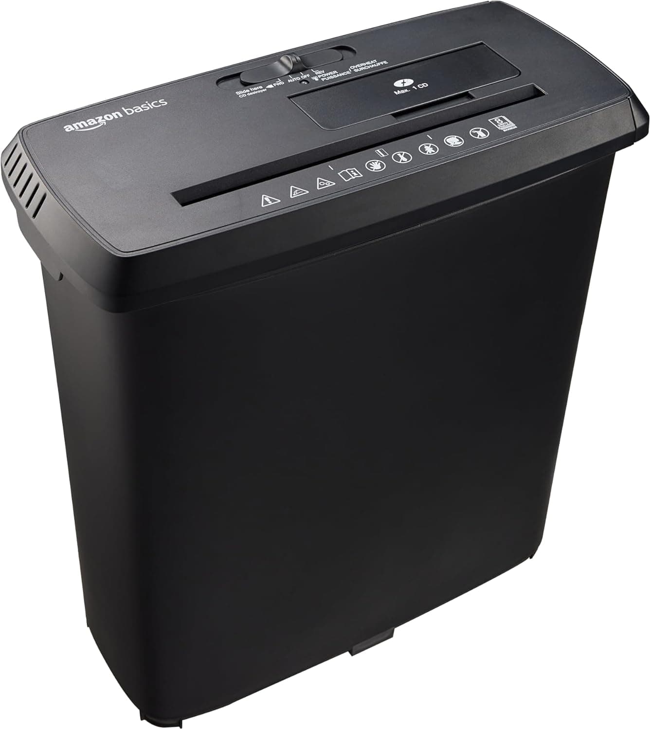 Amazon Basics Trituradora de Papel de Corte en Tiras, de 8 Hojas, para Documentos A4, CD y Tarjetas de Crédito, Papelera de 13L, Color Negro