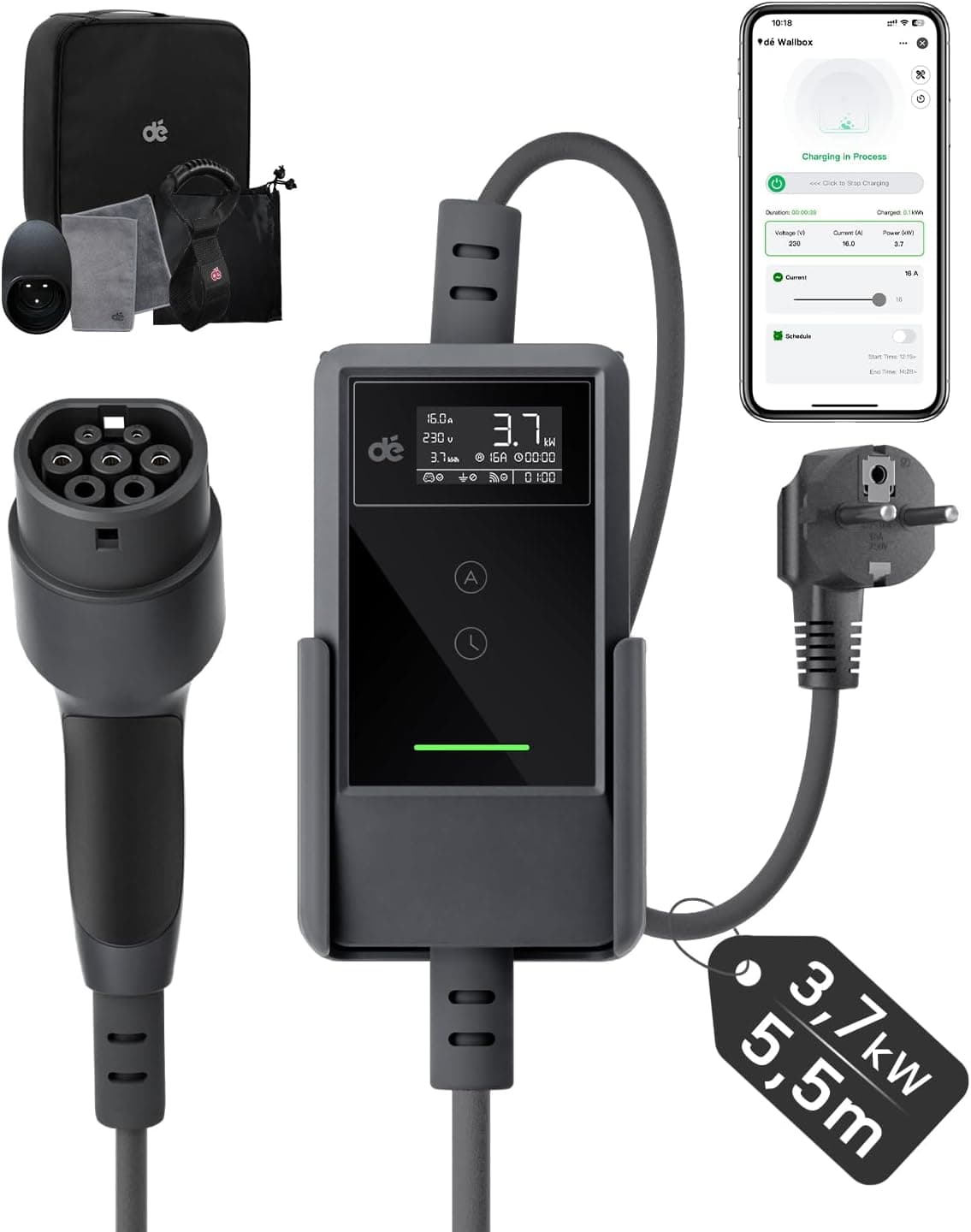 dé Cargador Coche Electrico App 3,7kW 5,5m, 6-16A Ajustable, Monofásico