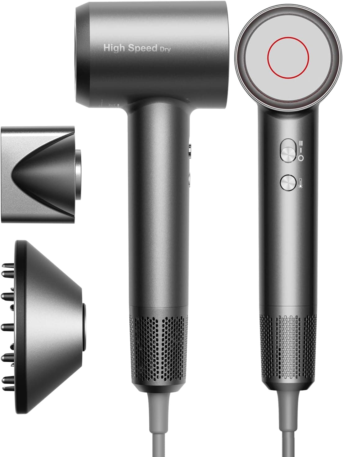 Secador de Pelo Iónico de Alta Velocidad, Ligero, Motor Sin Escobillas 160.000 RPM, Secado Rápido, Anti Encrespamiento, Bajo Ruido, con Difusor y Boquilla, Enchufe UE (Gris Plata)