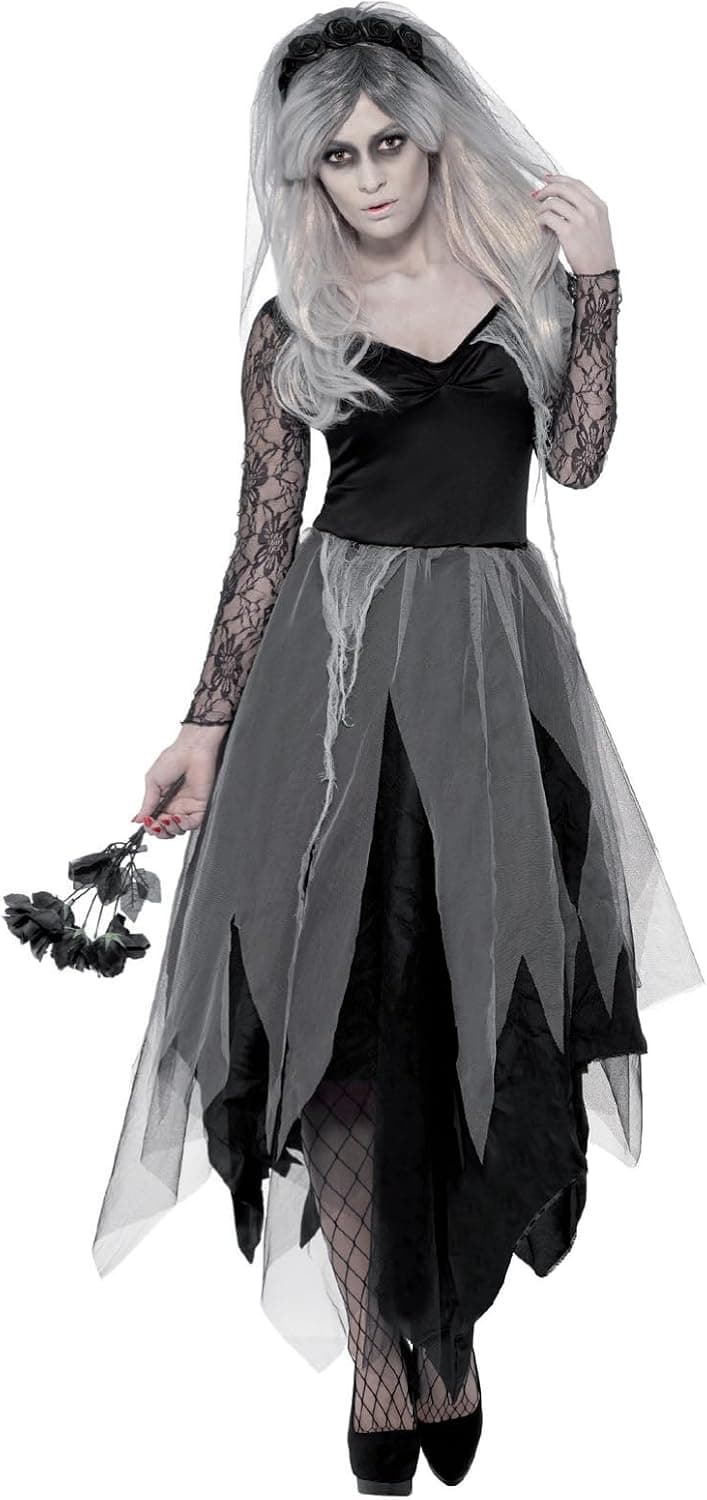 Smiffys, Disfraz de Novia Cementerio para Mujer, Vestido y Velo de Rosa