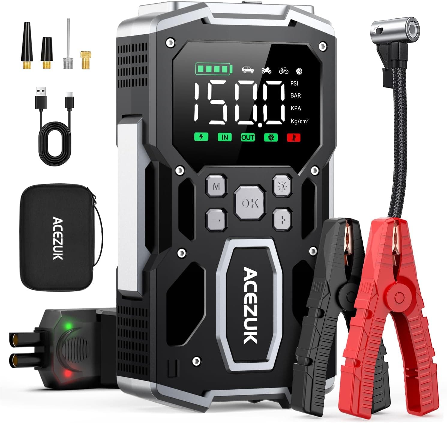 ACEZUK Arrancador de Batería de Coche 9000A, Compresor de Aire 150PSI, Arrancador de Coches para Vehículo(Toda Gasolina o 10L Diésel), 12V Jump Starter con 400-Lumen LED