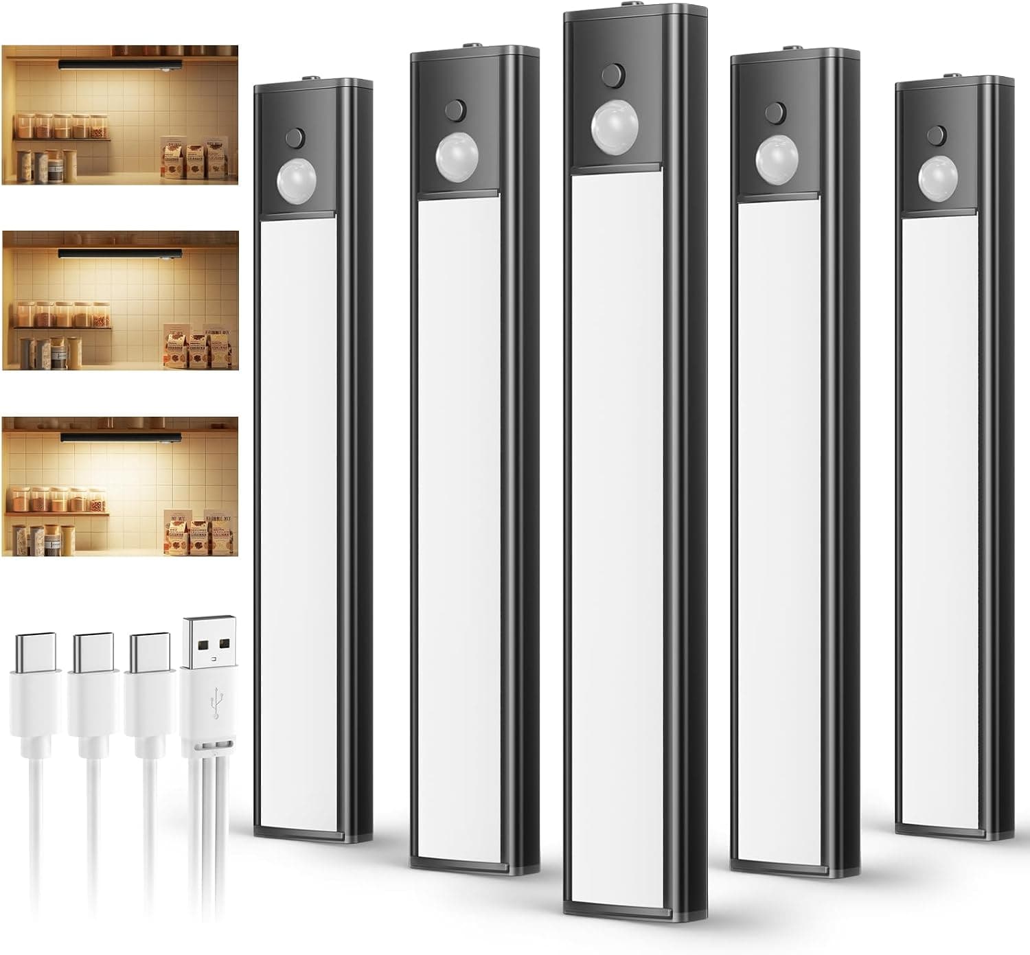 daphomeu 5 Pack Luces led Cocina Recargables,Luz Armario Sensor Movimiento Atenuable tipo C carga,Luz Sensor Movimiento Interior, Lampara Led para estantería, armario de escaleras