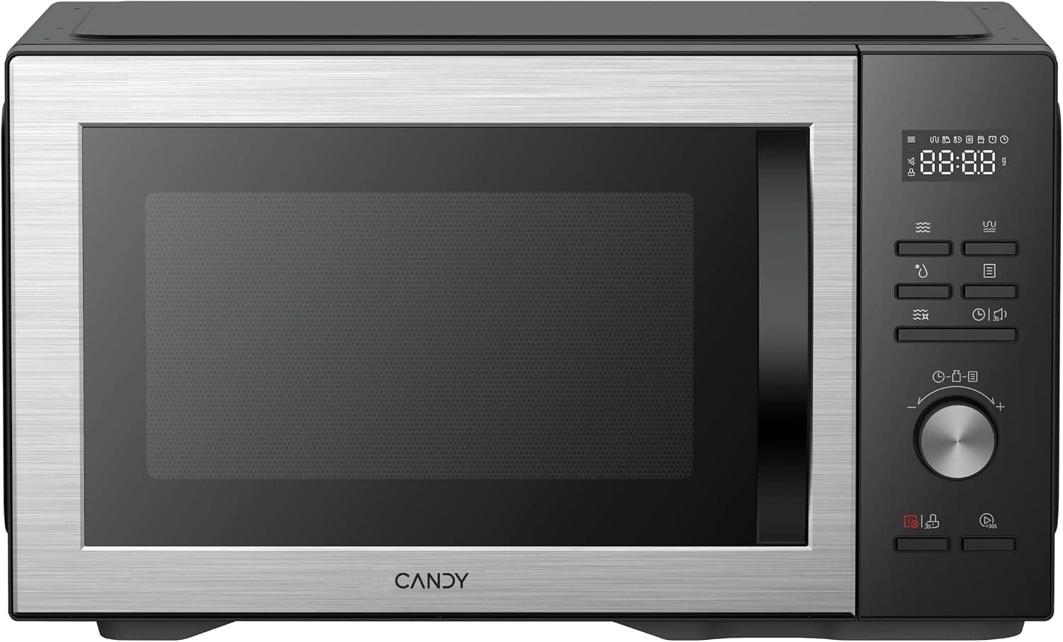 Candy Essenza Microondas con Grill, 31L, 1000W-1500W, 5 Niveles de Potencia, Autolimpieza, Automenús, Alerta Acústica Finalización, Grill Rack, Descongelación, Apertura Izquierda, Negro e Inox