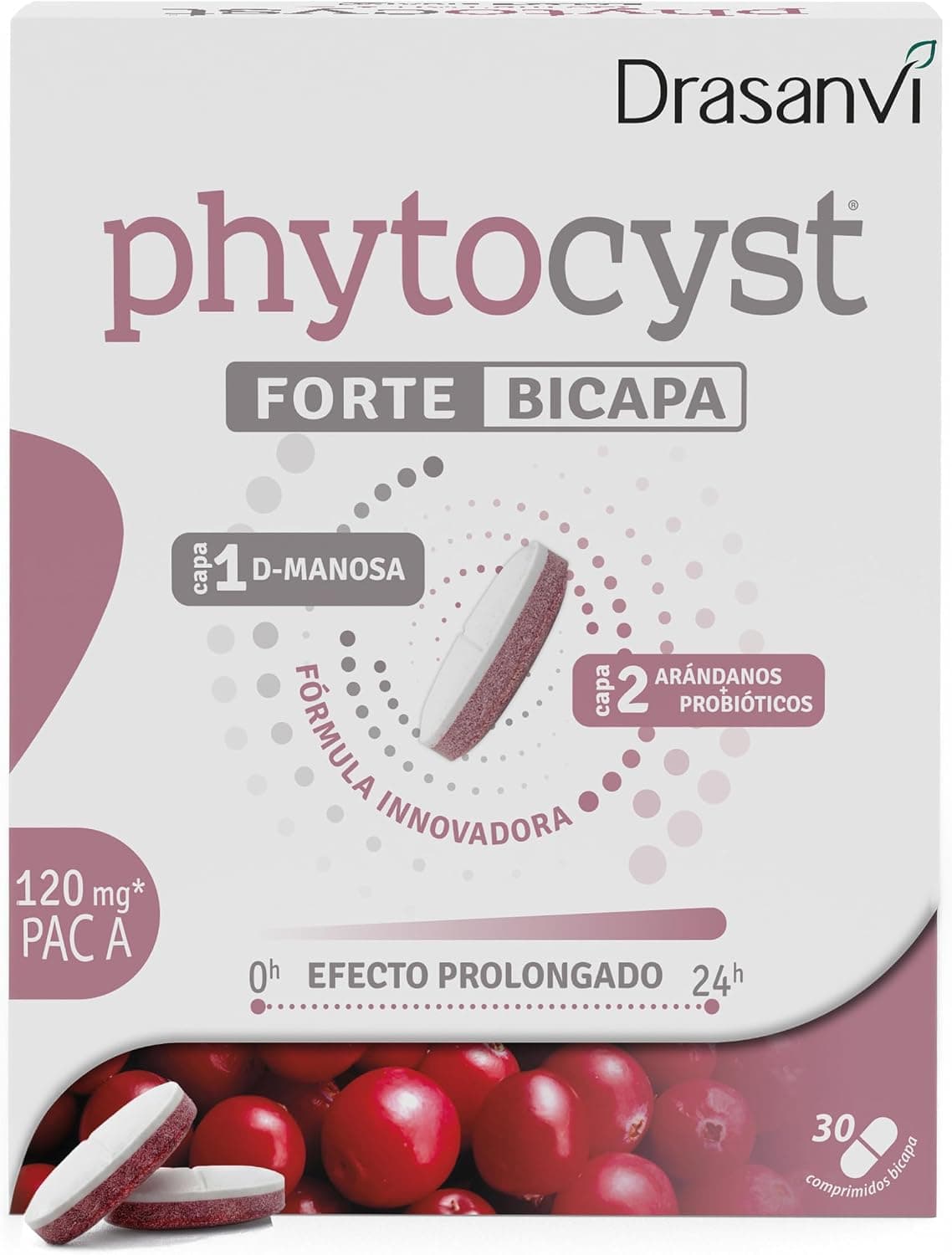 Drasanvi PHYTOCYST con Arándano Rojo Americano 120 mg PAC-A | para el Sistema Inmunitario y Urinario| con Probióticos y Vitamina C | 30 Comprimidos