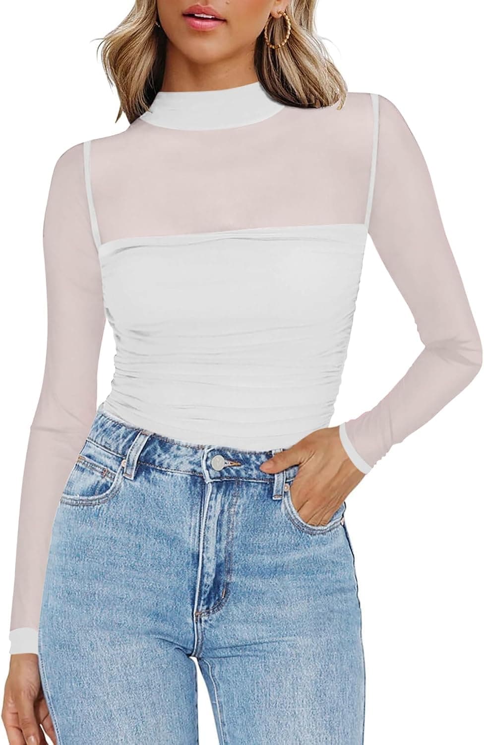 Zeagoo Camiseta de malla para mujer, transparente, cuello redondo, manga larga, sexy, para fiestas, corte ajustado, camiseta de manga larga