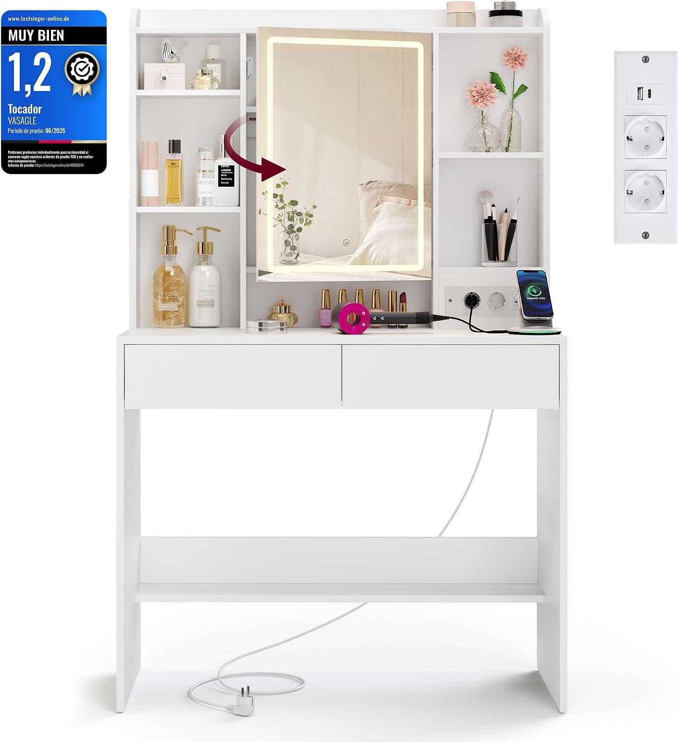 VASAGLE Tocador con Luces LED, Regleta, Espejo, 2 Cajones