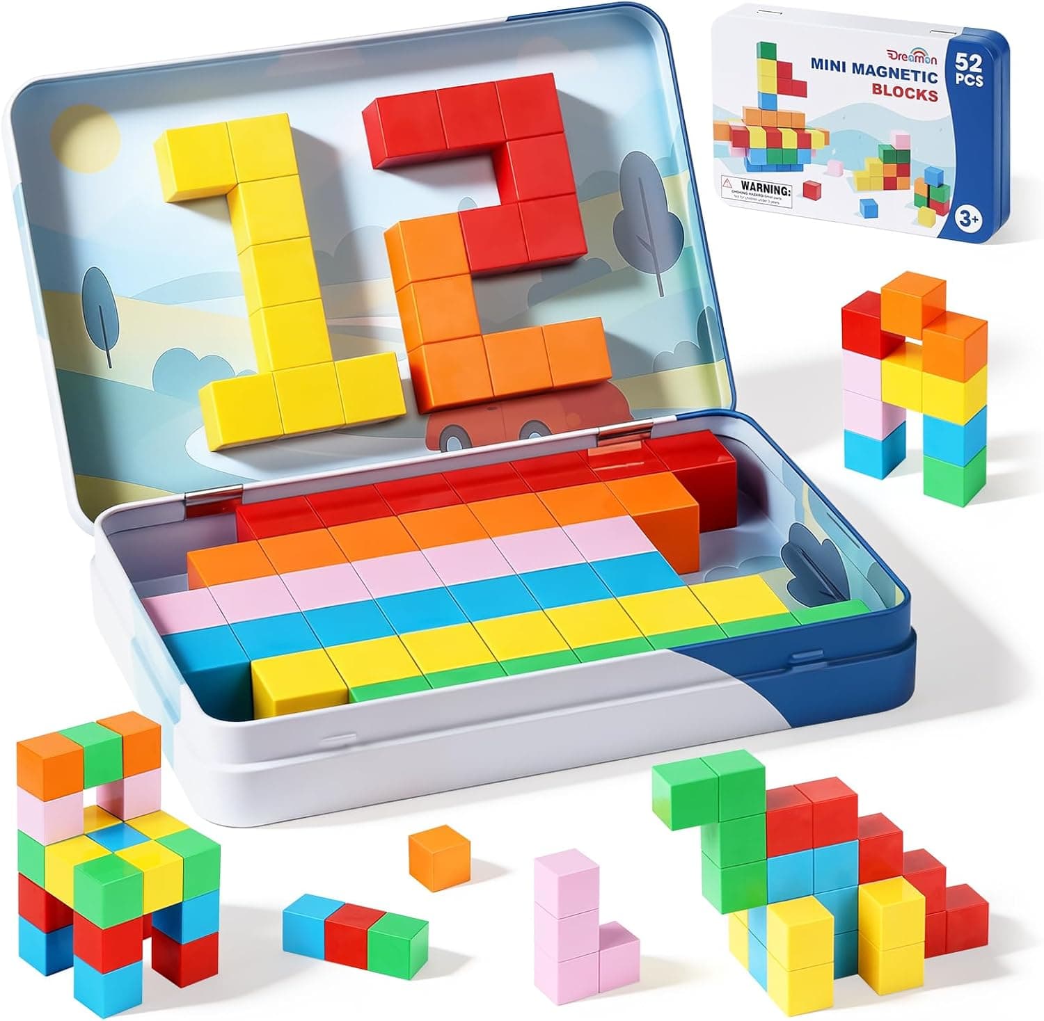 Dreamon Bloques Magneticos Construccion Niños 52 PCS Magnetic Building Blocks Juego Piezas Magneticas Niños con Caja Metálica Regalo para Niño y Niñas 3 4 5 6 Años