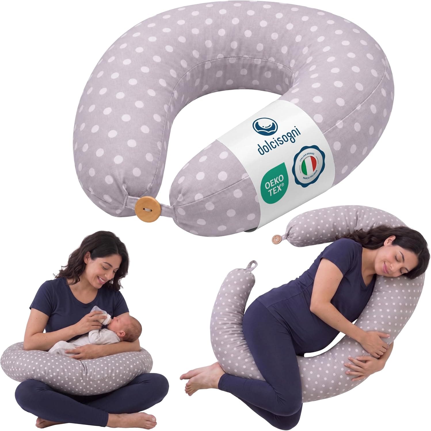 DOLCI SOGNI Cojín Lactancia y Cojín Embarazada Multiuso | Almohada Embarazada para Dormir | Funda 100% Algodón Oeko-Tex Lavable | Regalo para Embarazada