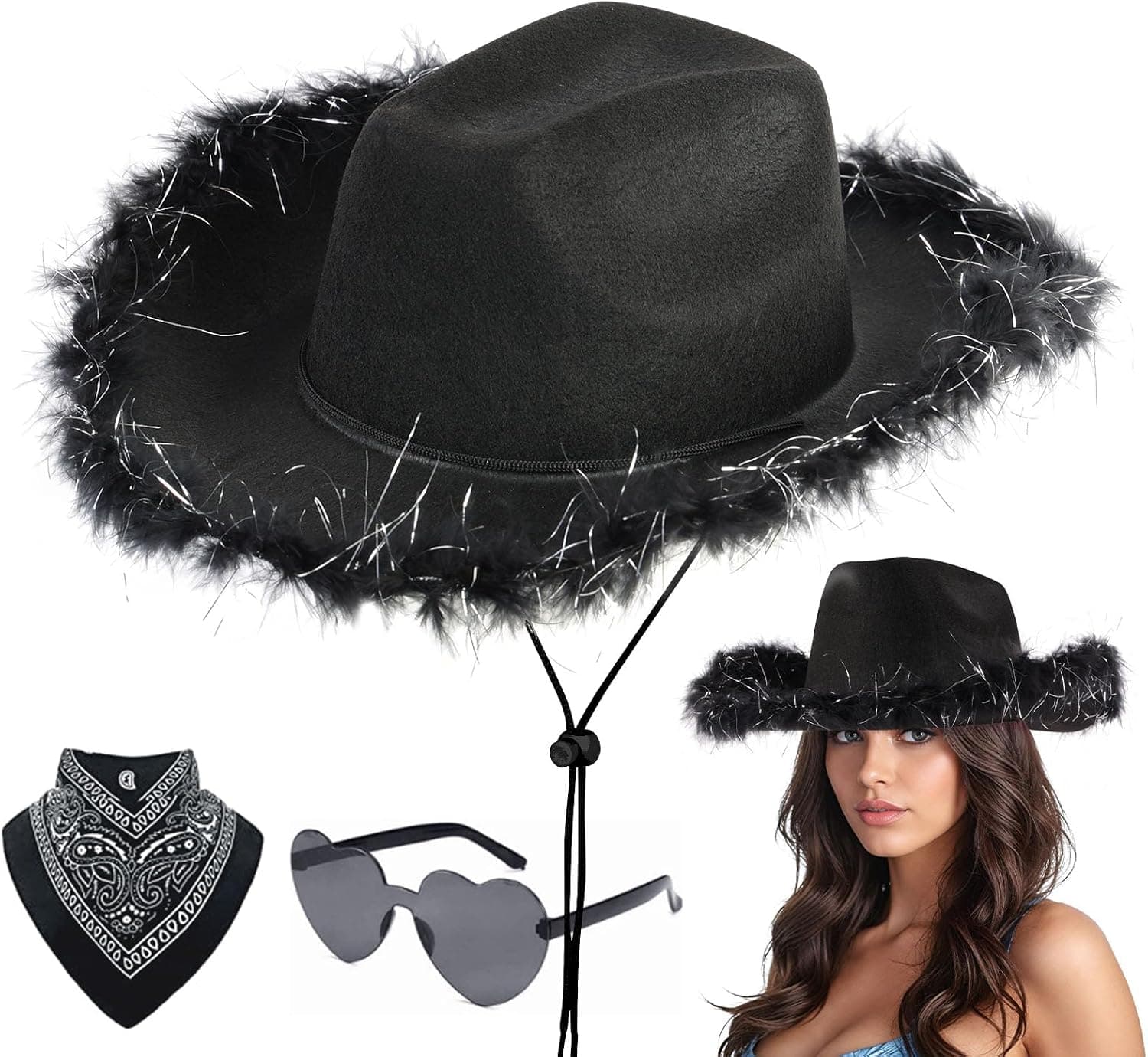 Aomig Sombrero Cowboy, 3PCS Vaquero, Bandana Gafas Amor