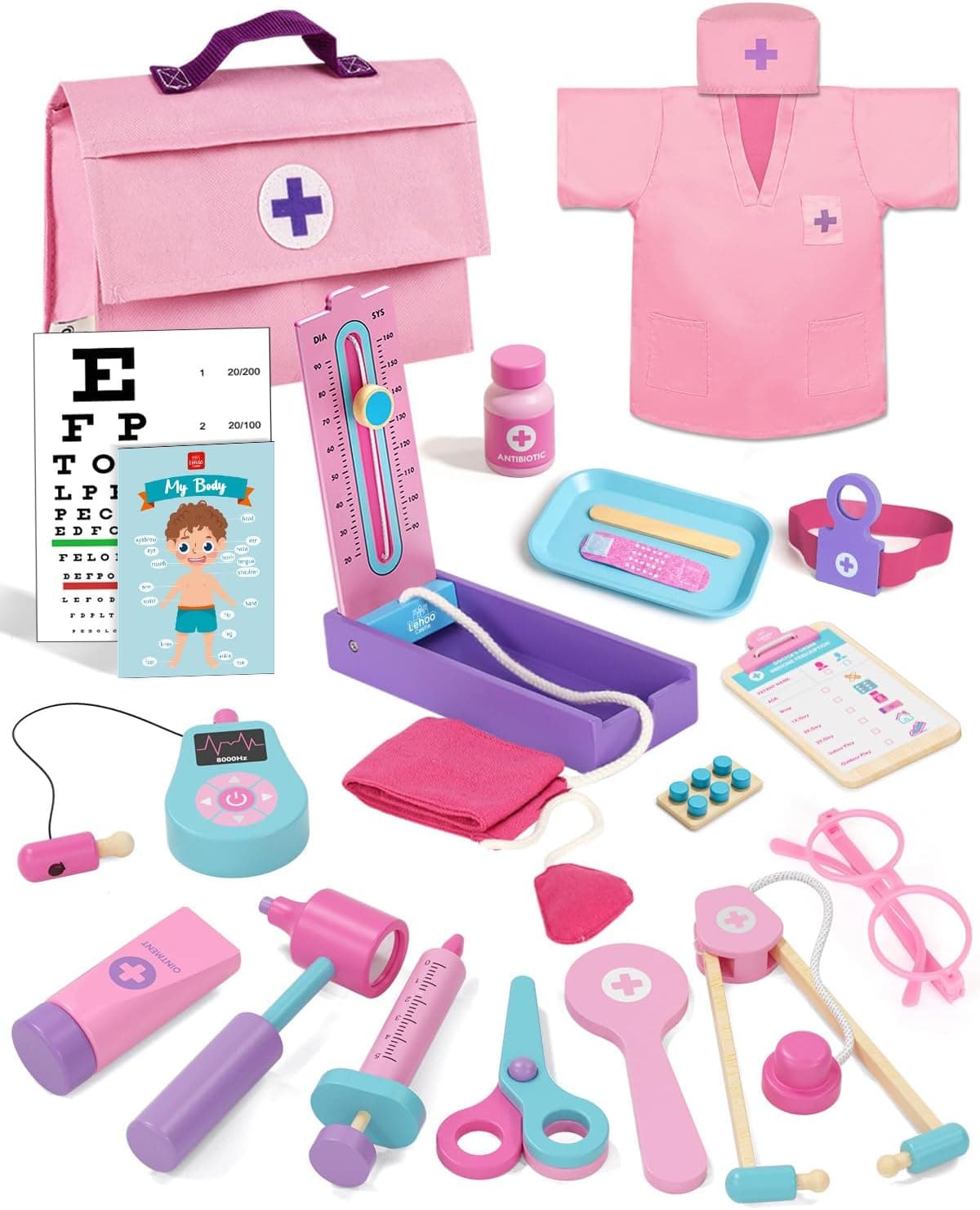Lehoo Castle Maletin Medicos Juguete Madera, Regalos Niña 3 Años(Rosa)