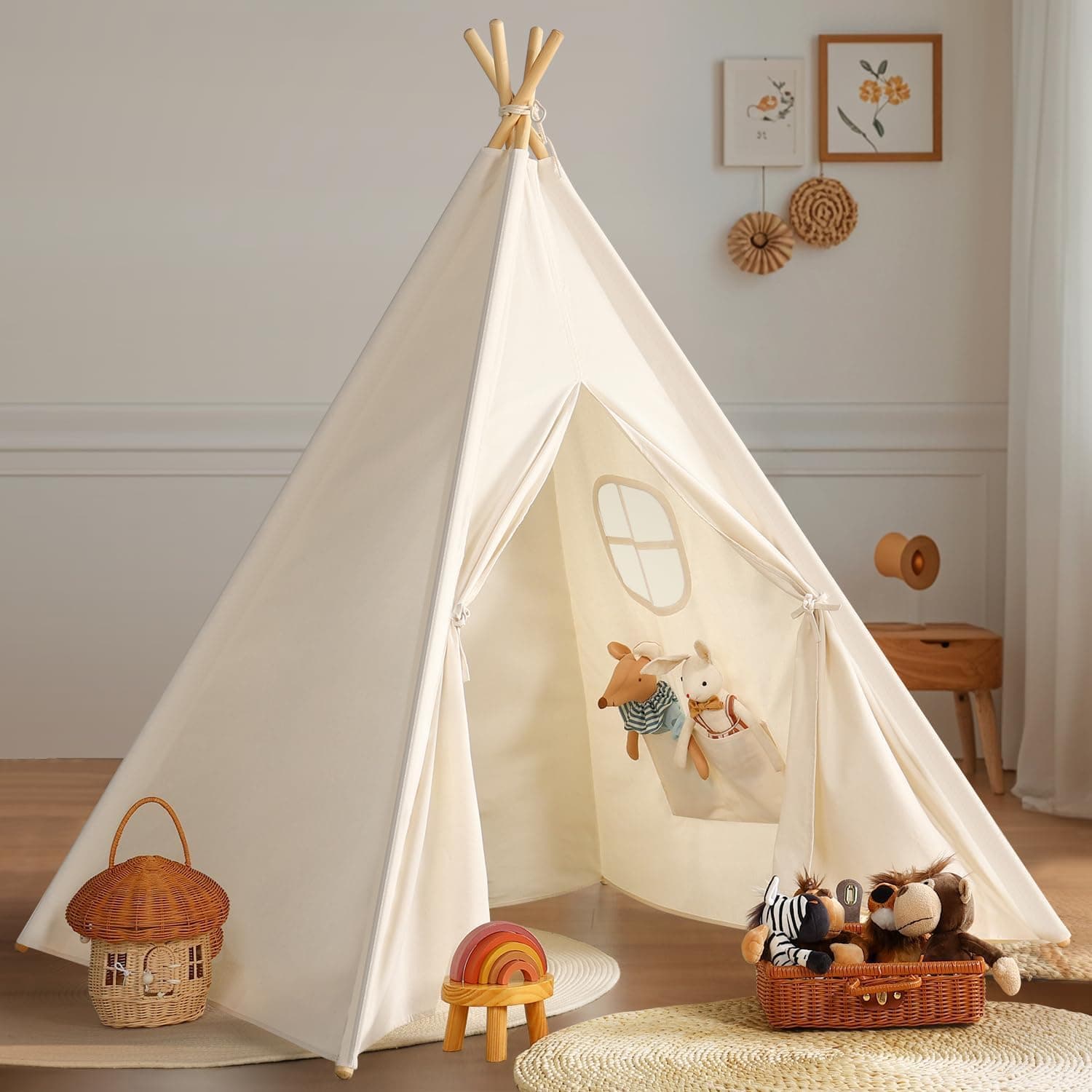 Wilwolfer Tienda Tipi Infantil de polialgodón, Tienda de Juego Plegable con Ventana y Estructura de Madera para niñas y niños (Blanco Natural)