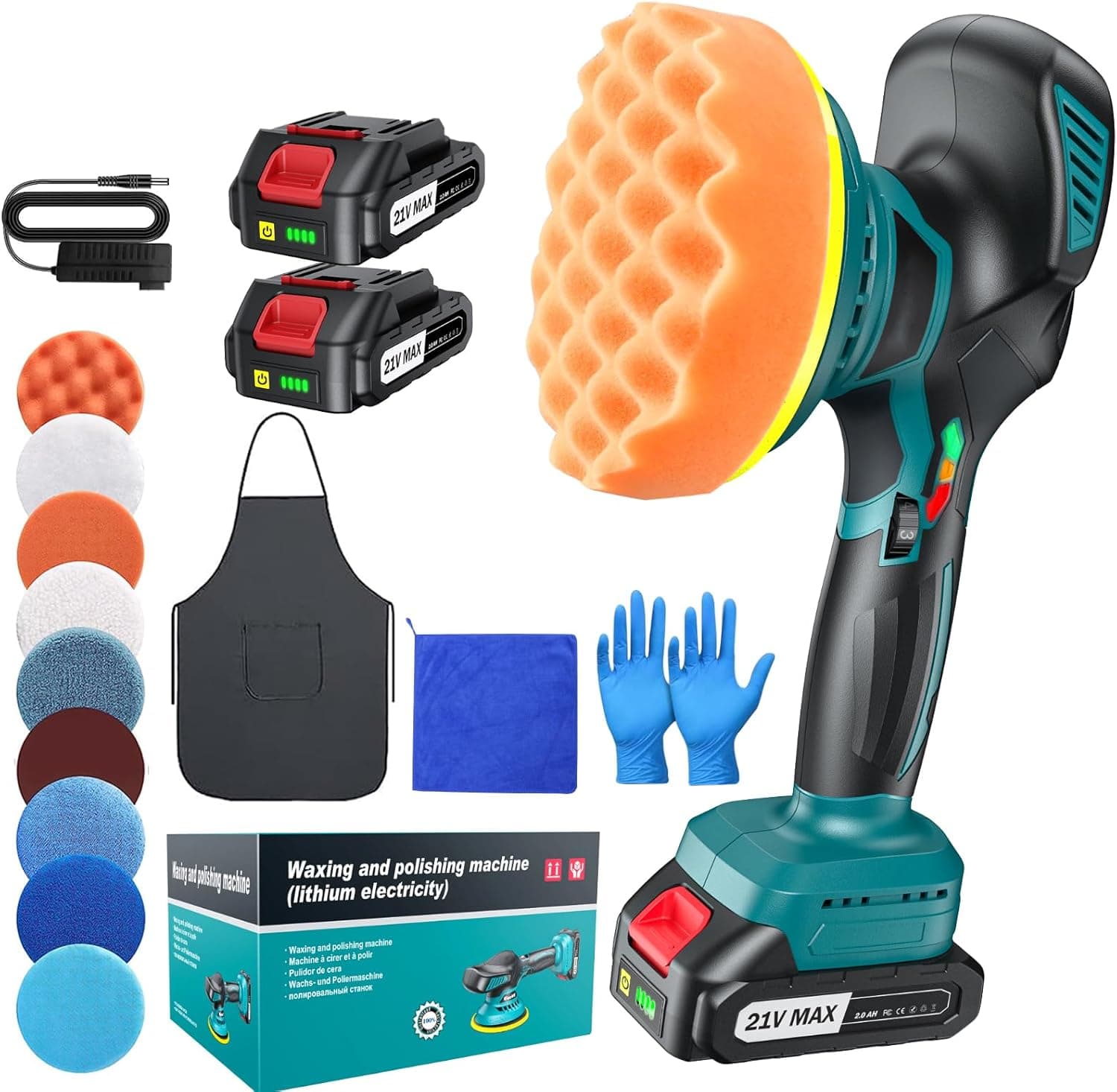 Pulidora Coche Inalámbrica 150 mm Orbital Doble Acción con 2×21V 2000mAh Baterías, Kit 13 Piezas, 6 Velocidades Ajustables 5500RPM, Pulidora Batería para Encerar, Eliminar Arañazos y Renovar Pintura
