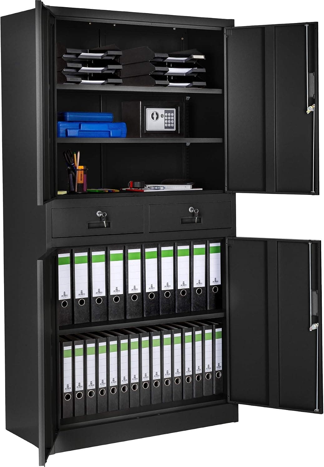 tectake® Armario Archivador Oficina en Acero, Armario Exterior e Interior con Candado Seguridad, Armario Multiusos con 5 Alturas, 4 Puertas, 2 Cajones, 3 Estantes Ajustables, 180x90x40 cm - Negro