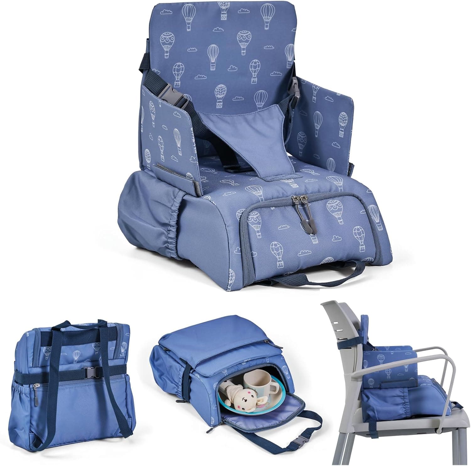 MS BabyWorld - Booster Bag | Elevador de Viaje Portátil 2 en 1 con Arnés de 5 Puntos | Mochila Convertible en Bandolera | Bolsillos exteriores | Espacio para Utensilios interior (Globos)