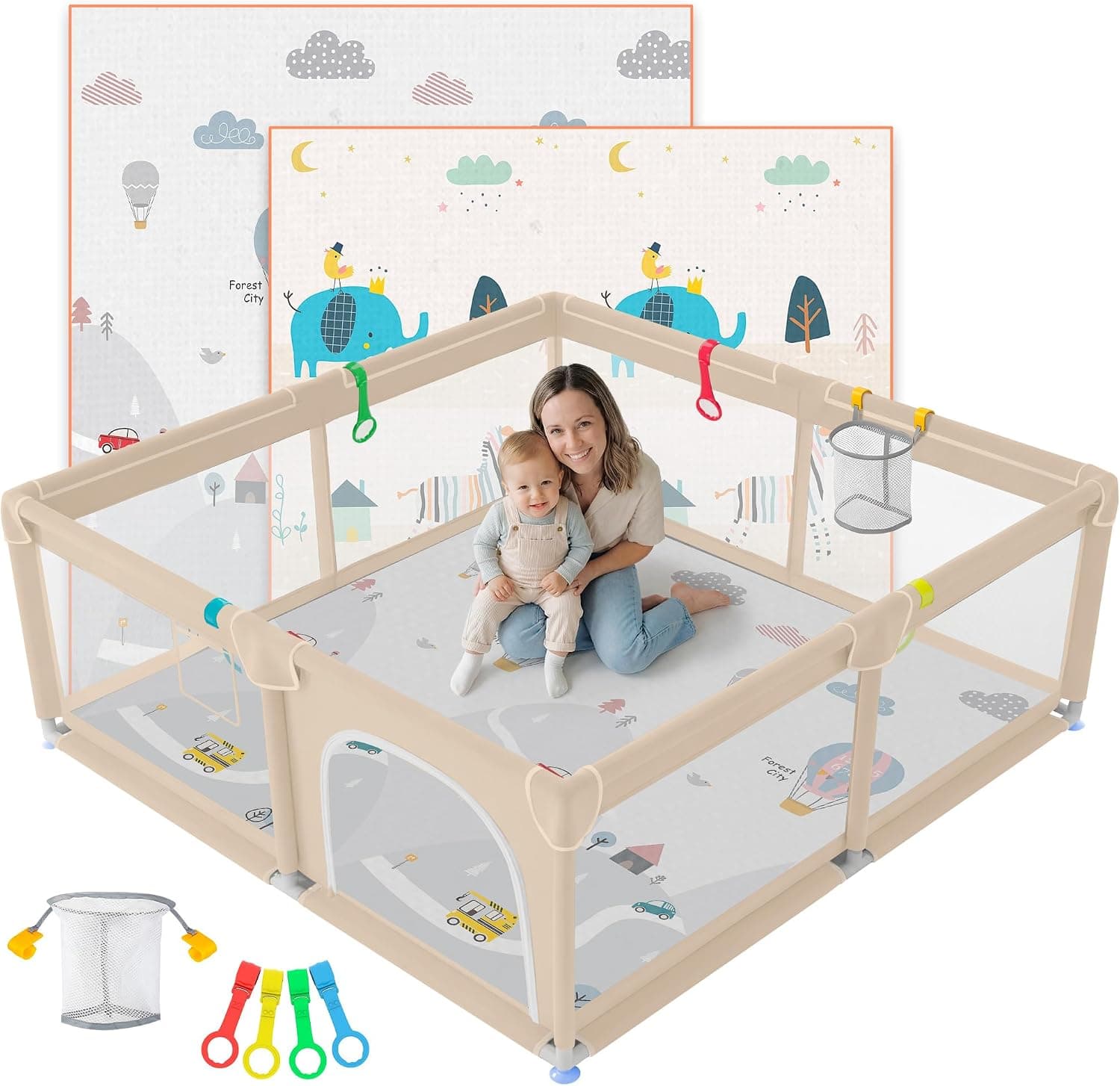JUPPLIES Parque Infantil Bebe 120x120cm + Alfombra Bebe + Agarraderas + Canasta – Corralito Bebe con Malla Transpirable – Parque de Juegos Bebe con Puerta Lateral – Playpen Bebe (Beige)