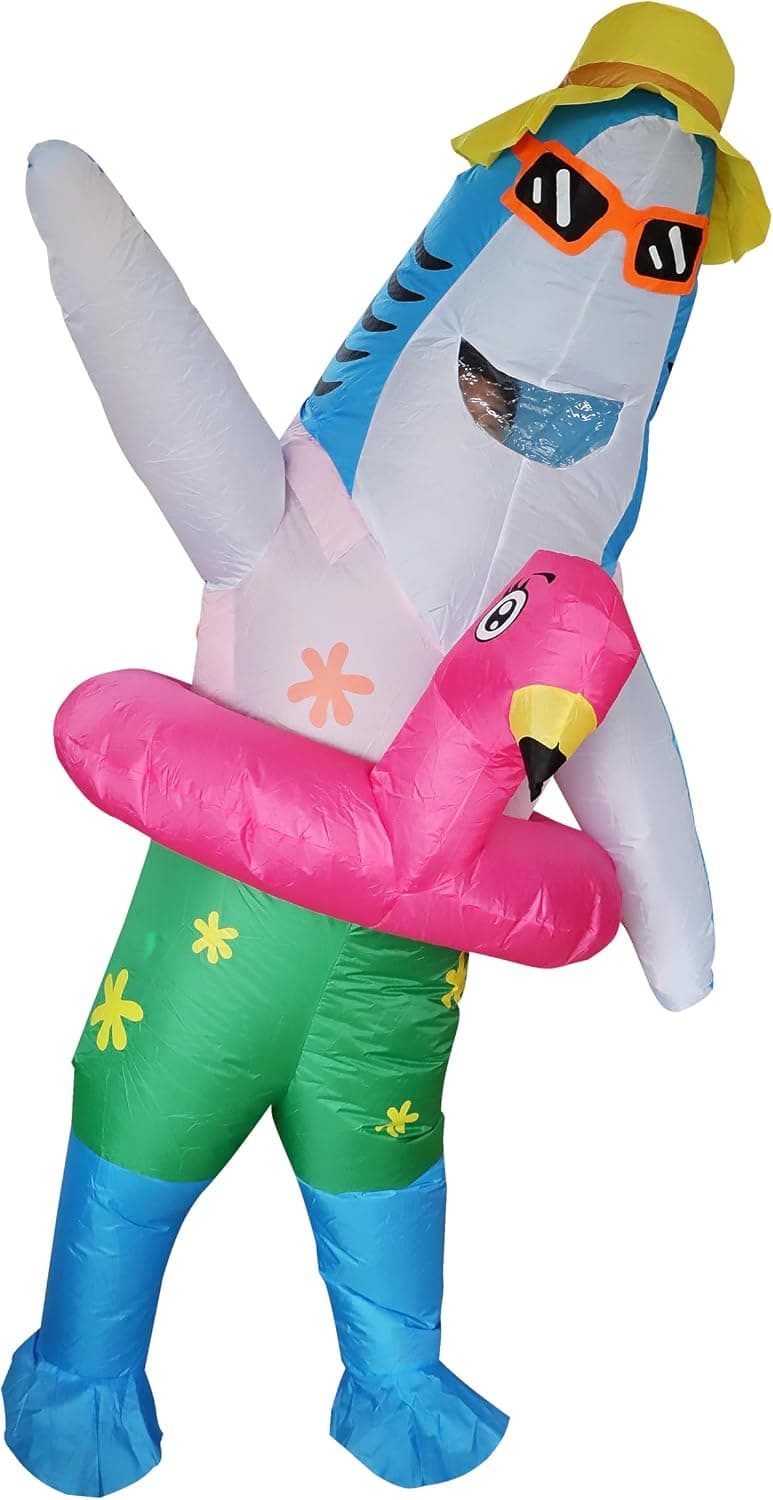 FXICH Disfraz inflable de tiburón para adultos, disfraz de tiburón inflable para fiesta de Halloween, cosplay, disfraz de animal inflable de una pieza, 150-190 cm (azul y rosa)