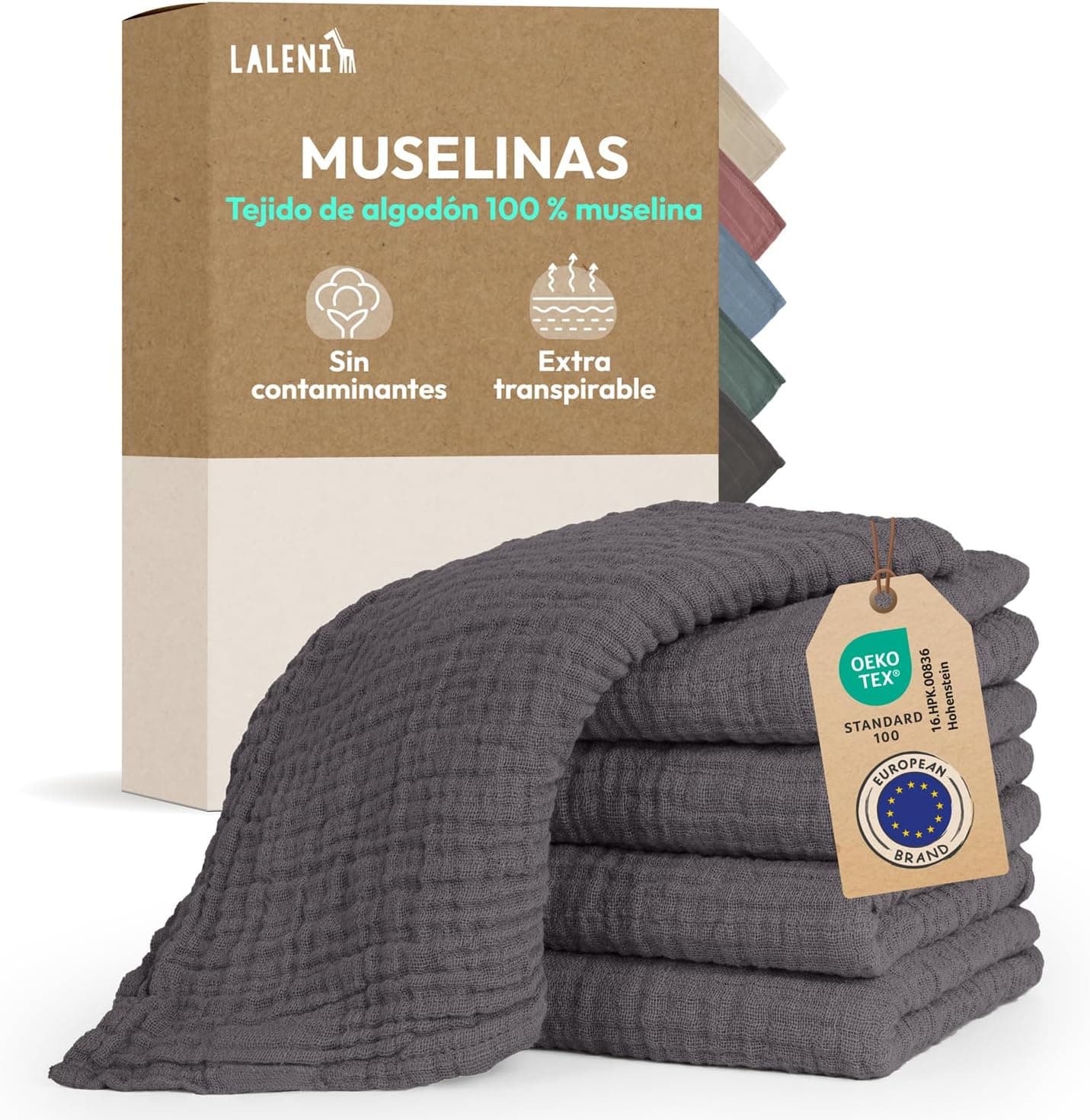 Laleni muselinas bebé algodón 70x70cm 5 uds - gasas para bebés para Piel Sensible - Ideal como Toalla bebé recién Nacido Supersuave y Absorbente - pañales de Muselina - Muselina algodón bebé en Gris