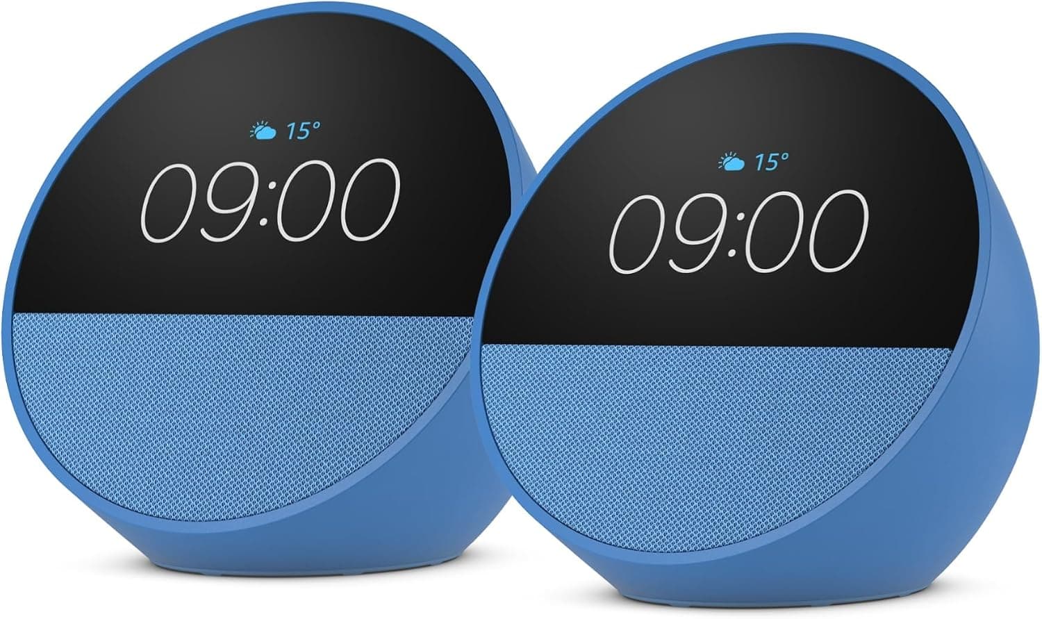 Amazon Echo Spot (última generación) | Despertador inteligente con sonido de calidad| Azul, con Acceso Anticipado a Alexa+ (Paquete de 2)