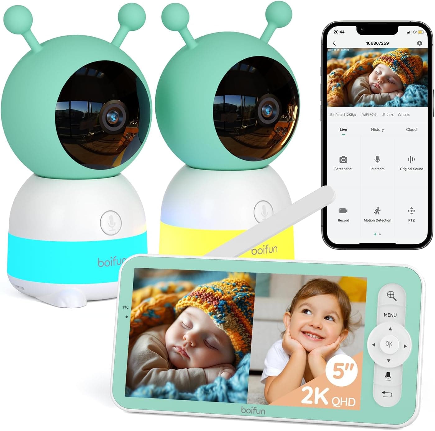 BOIFUN 2K Camara Vigilancia Bebe 2 Camaras, Visión Nocturna, Luz Nocturna