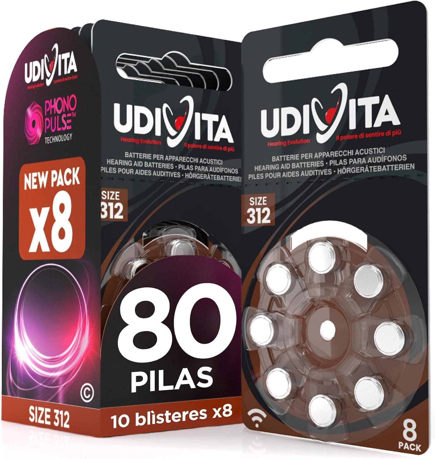 80 Pilas para Audífonos Tamaño 312 Marrón Udivita PR41