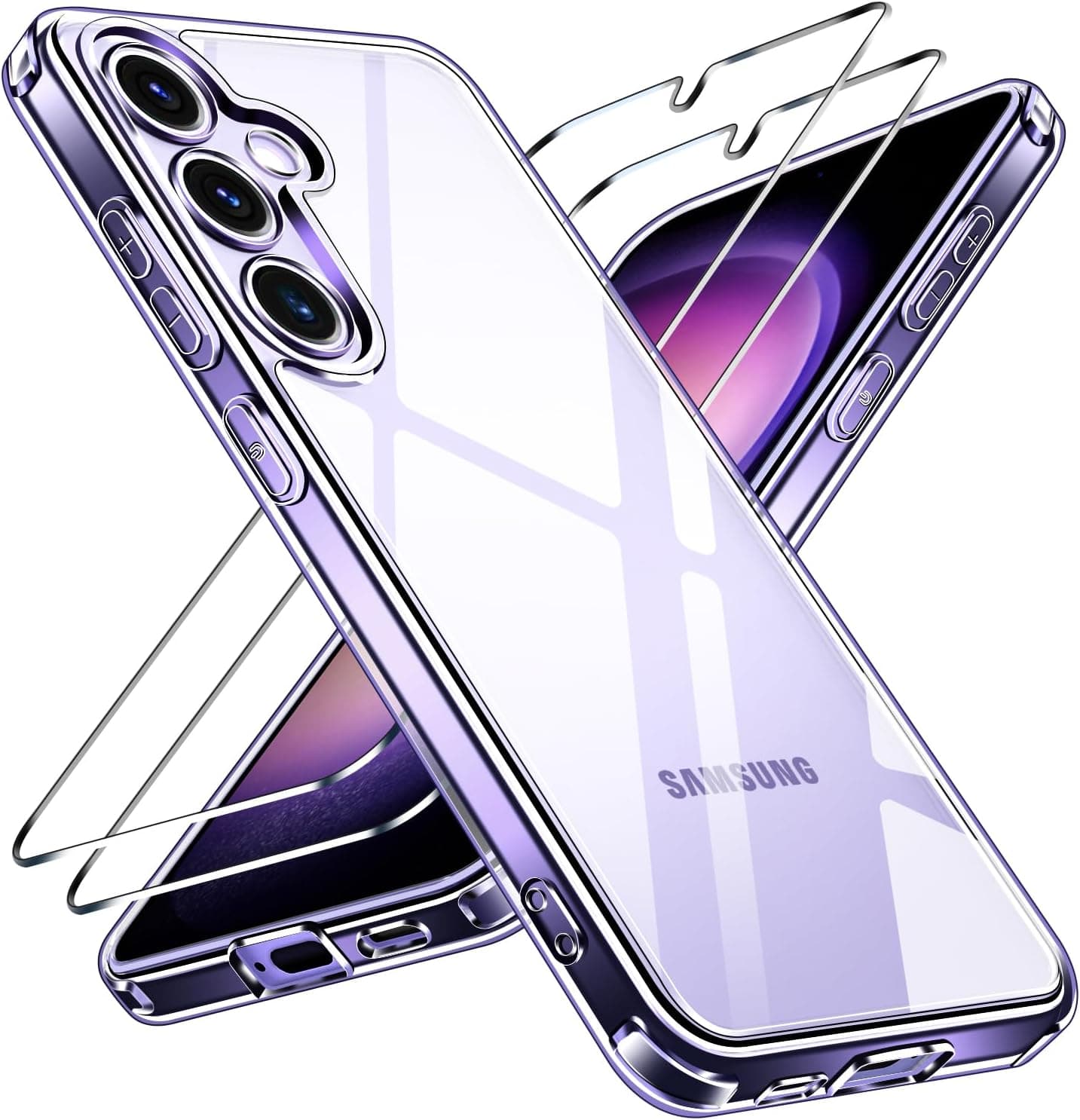 ivoler Anti-Amarillo Clara Funda para Samsung Galaxy S24 5G con 2 Piezas Cristal Templado, [Protección Militar] Carcasa Protectora Antigolpes Transparente Anti-Choques Bumper Case (Morado)
